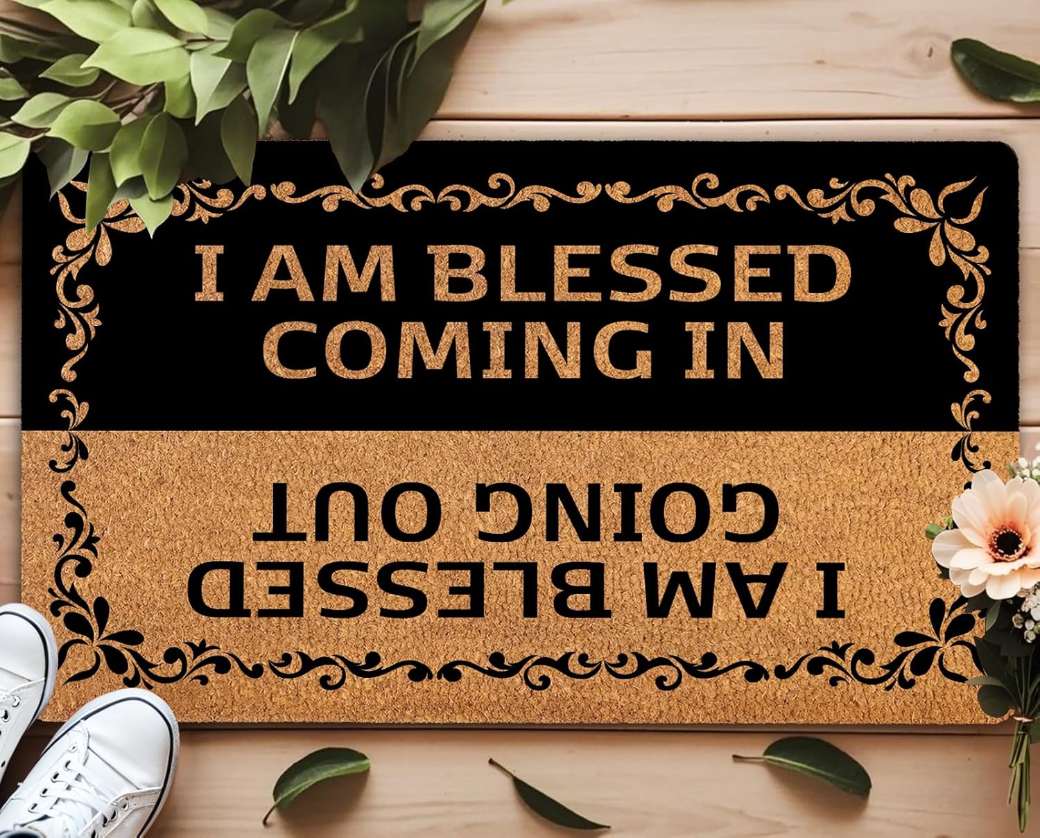 I AM Blessed Doormat Religious Welcome Mat Non-Slip Rubber Back Large 17x30 Inch Indoor Outdoor Humorous Blessing Gift for Home & Apartment Entry Welcome Peasants Cats Black Color