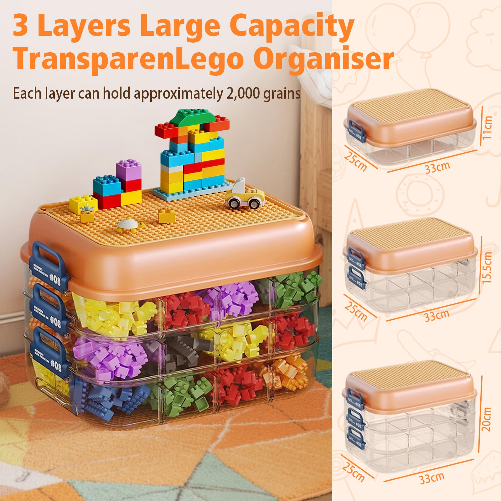 Organizador de almacenamiento para Lego, caja de almacenamiento apilable de 3 capas con tapa de placa base y compartimentos ajustables, organizador de juguetes para bloques de construcción