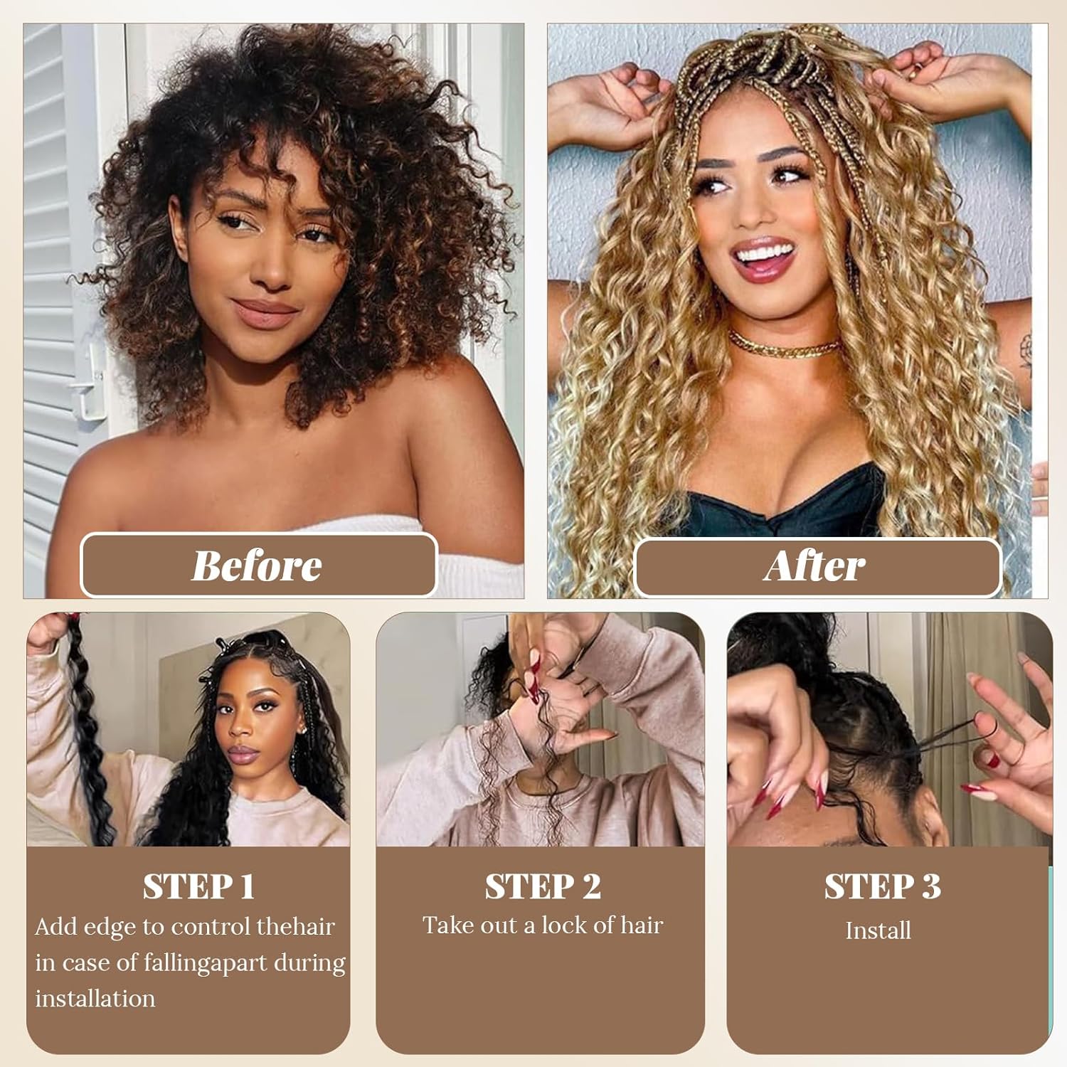 Boho Braids Blonde Human Braiding Hair Deep Water Wave Bulk Human Hair 100g 24 Inch Curly for Boho Braids Hair Extensions No Weft 2 Bundles/Pack for Women Ombre Honey Blonde to Bleached Blonde