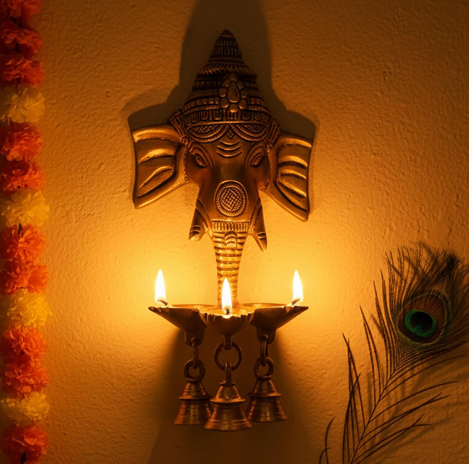eSplanade - 9.5" Brass Ganesha Ganesh Ganpati Wall Hanging Deepak With Bells | Brass Diya |