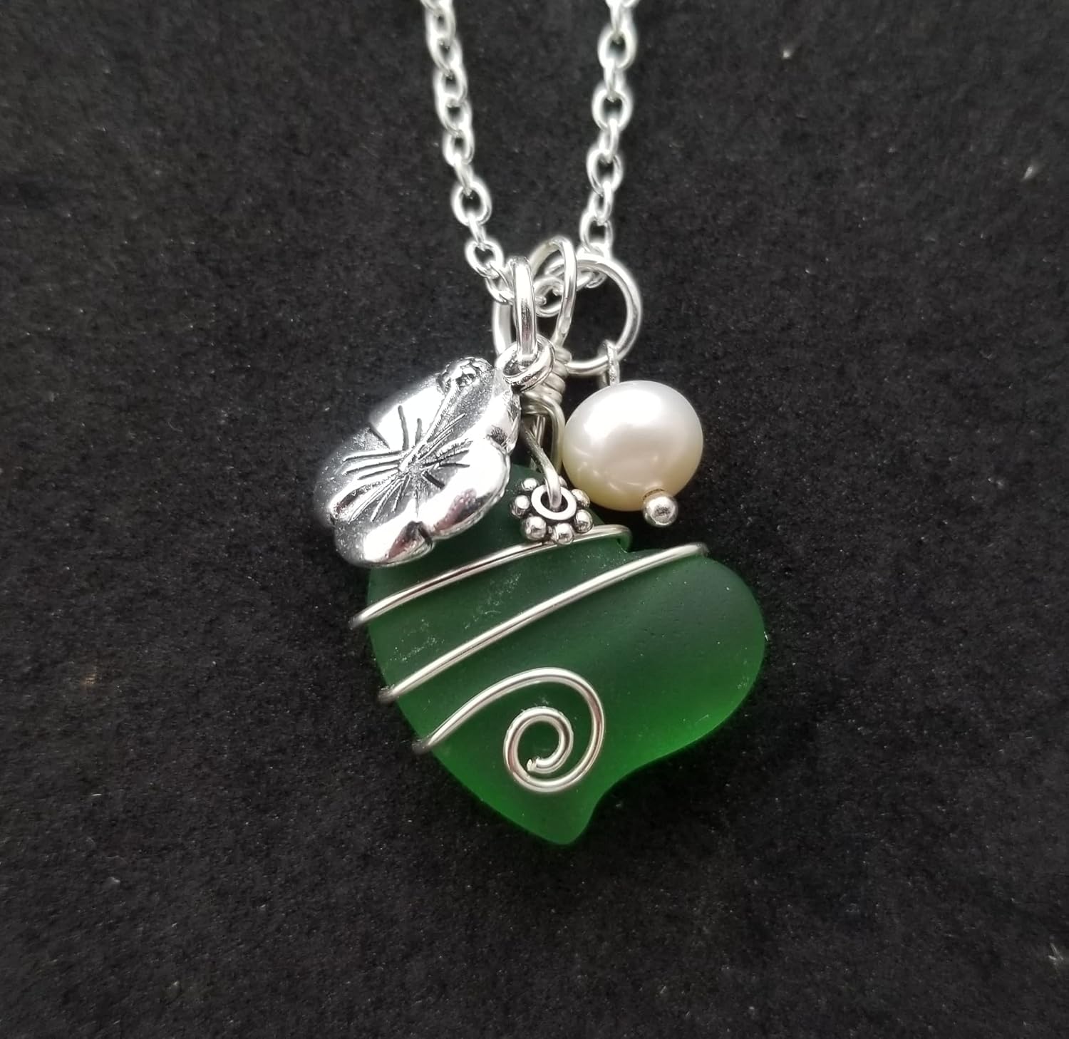 Handmade Sea Glass Necklace, Wire Heart Necklace, Charm and Pearl Necklace, Sea Glass Jewelry Birthday Gift For Women