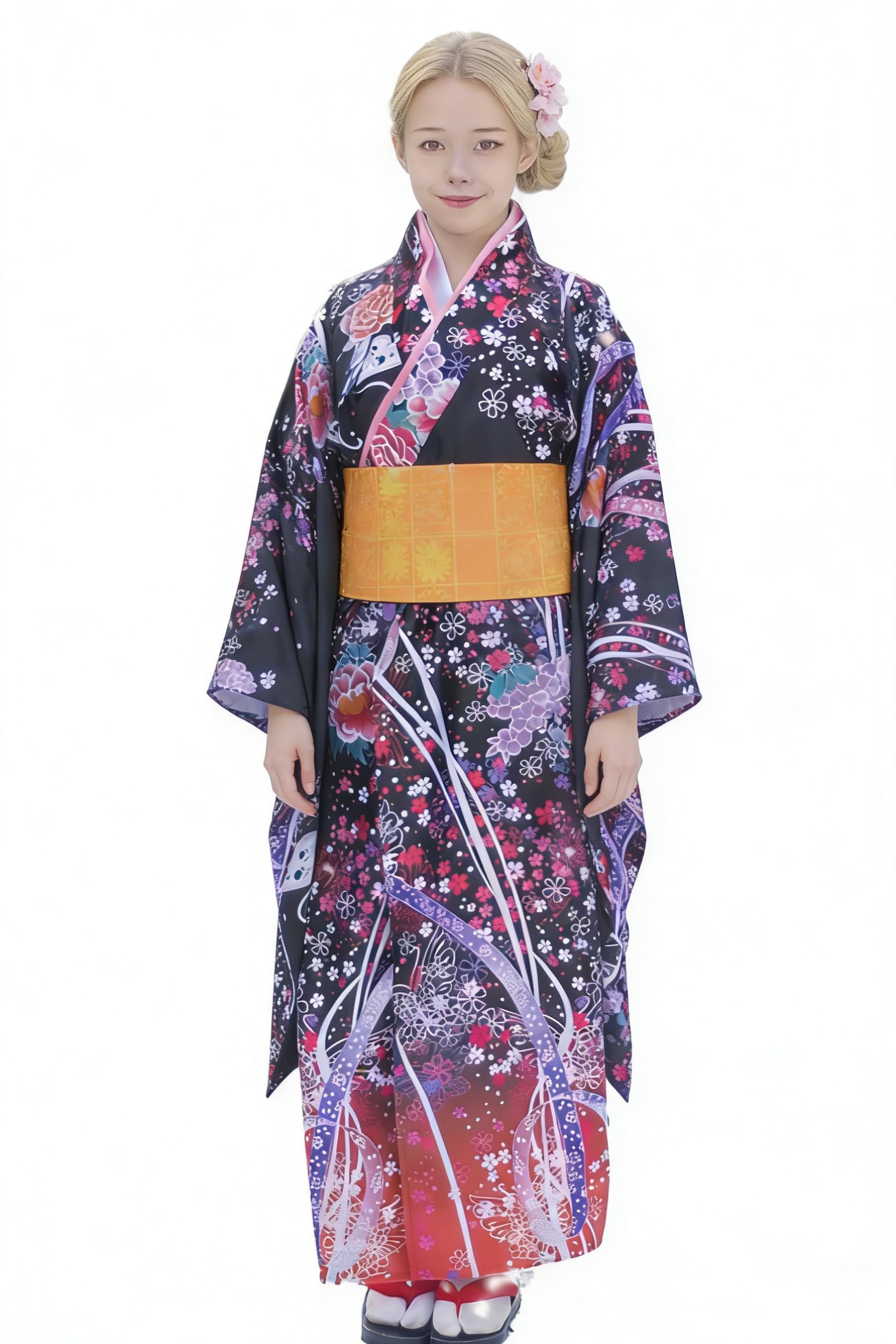 Robe kimono traditionnelle japonaise à motif floral noir et rose pour femme, robe yukata style geisha avec tissu satiné, tenue cosplay