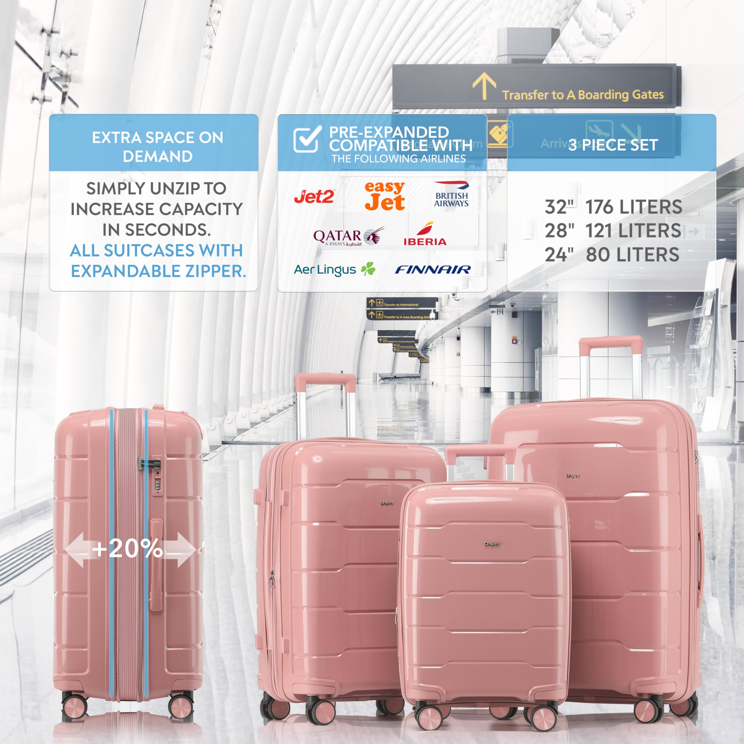 CRUW 3-Piece Luggage Set Expandable Polypropylene Suitcase Set TSA Locks 8 Silent Spinner Wheels Lightweight Nested Suitcases Travel Set easyJet British Airways Jet2 Airline-Approved Carry-On Pink