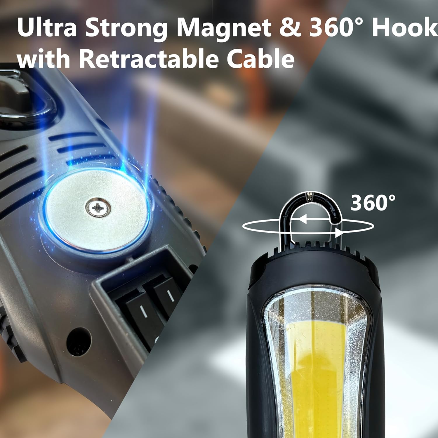 14 Gauge 45 FT SJTOW Retractable Extension Cord, Heavy Duty Power Cord, 11 Amp 125V 1375W with 3000 Lumen 25ft 116AWG 3C SJTW Cord Handheld Outdoor Work Light for Garage, Workshop, Car Repair Scene