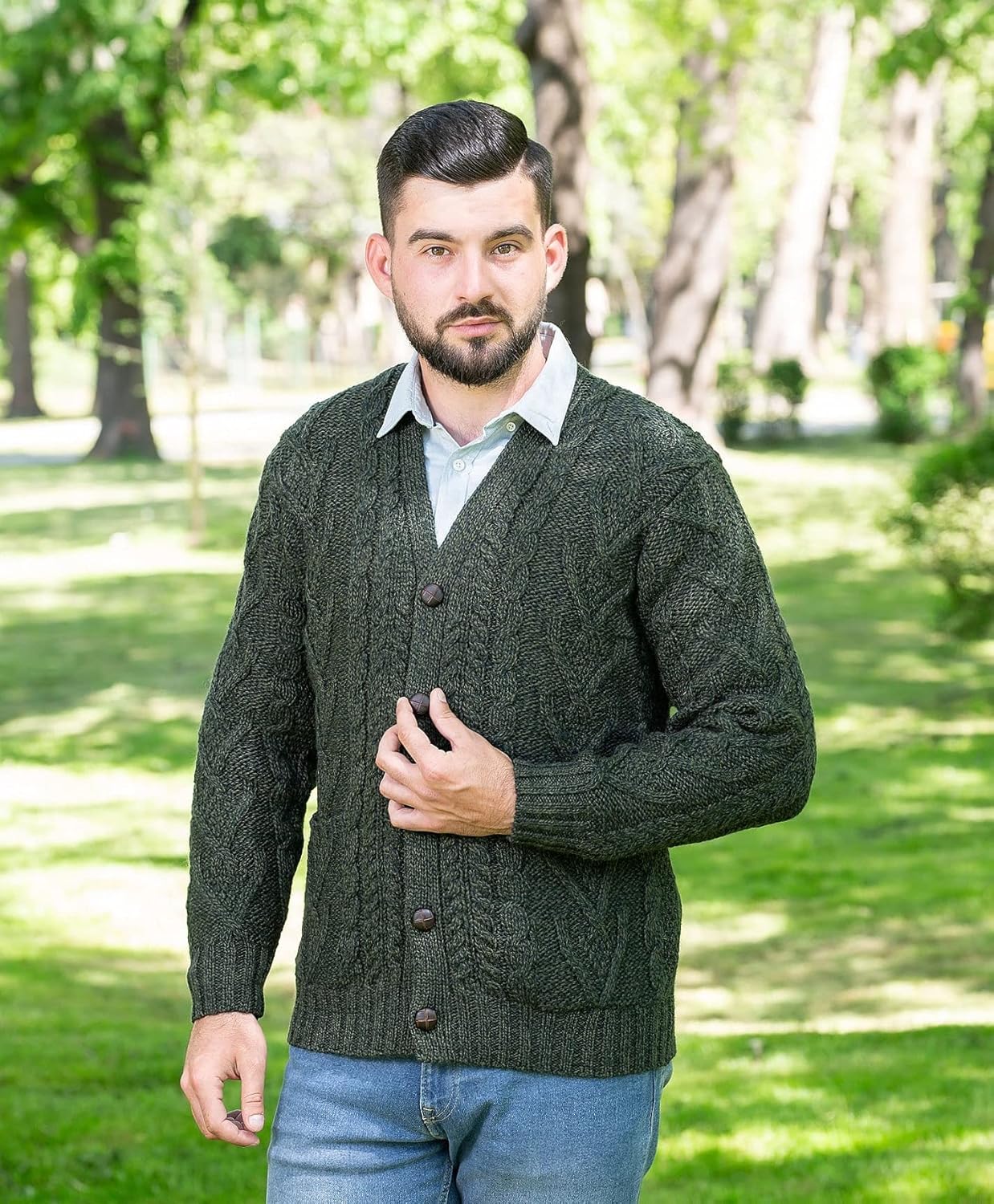 SAOL 100% Merino Wool Men's Aran Cable Knit V Neck Casual Irish Cardigan with Buttons and Pockets