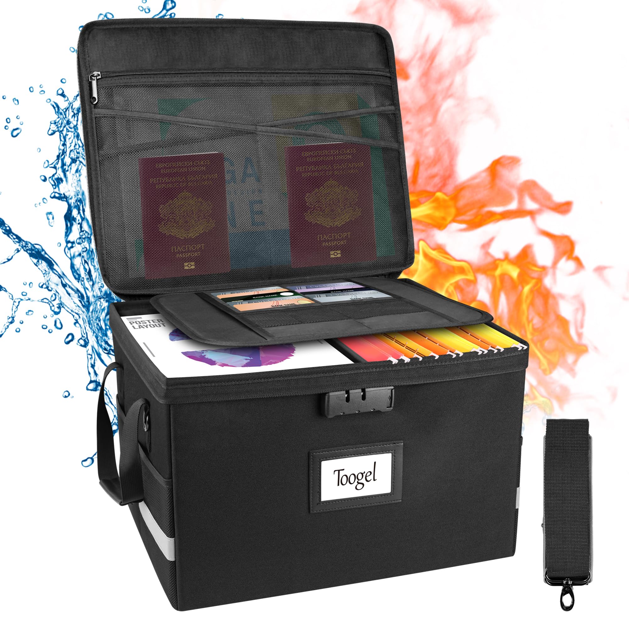 Fireproof Document Box with Lock, Waterproof Multi-Layer File Box Organizer for Hanging Letter/Legal Folders, Collapsible Anti-Static File Safe Box Portable Home Office Storage Filing Cabinet