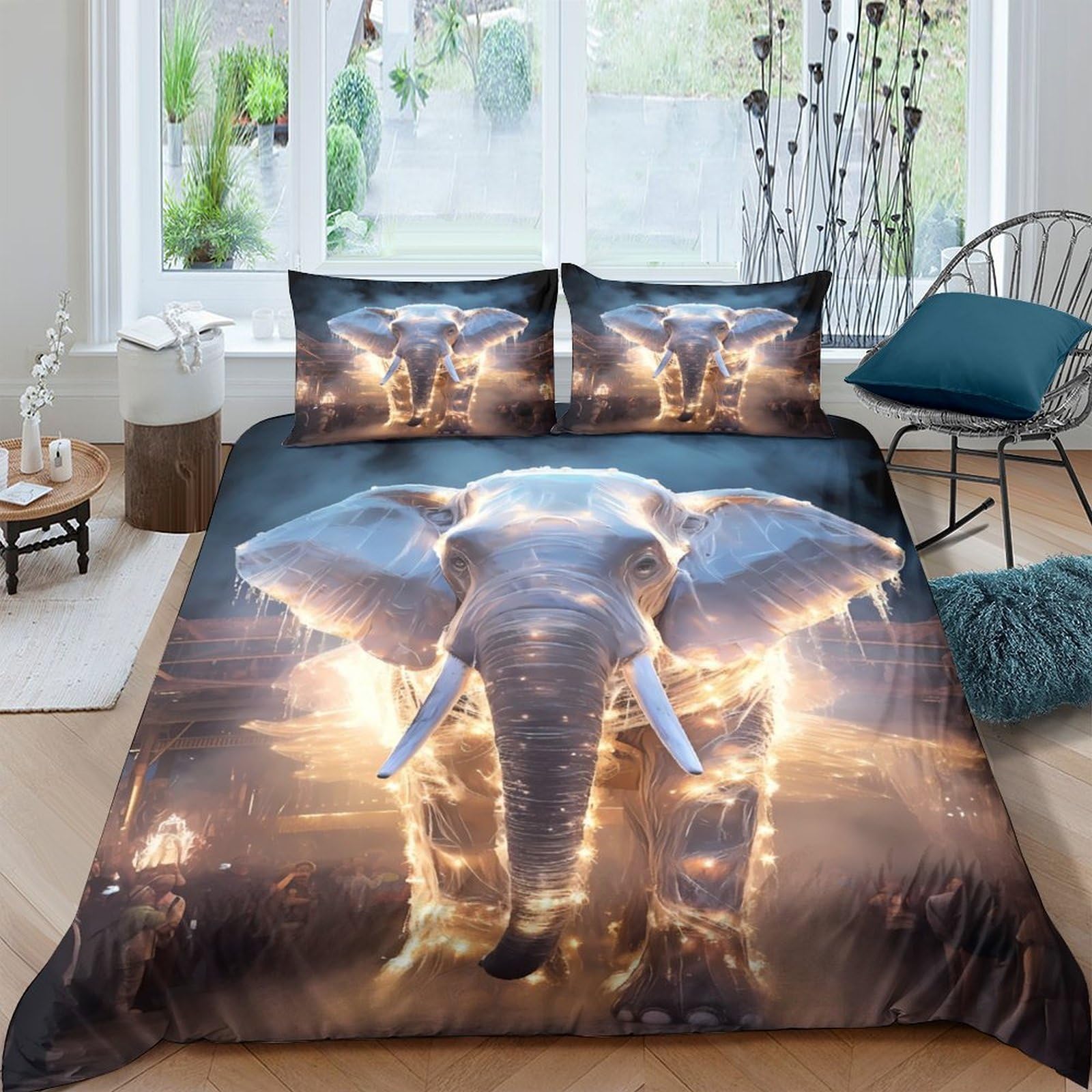 TUFRTGYHN 3D Printed Elephant Sunset Duvet Cover Microfiber Soft Breathable Bedding Set with 2 Pillowcases for Bedroom Decor Single（135x200cm）