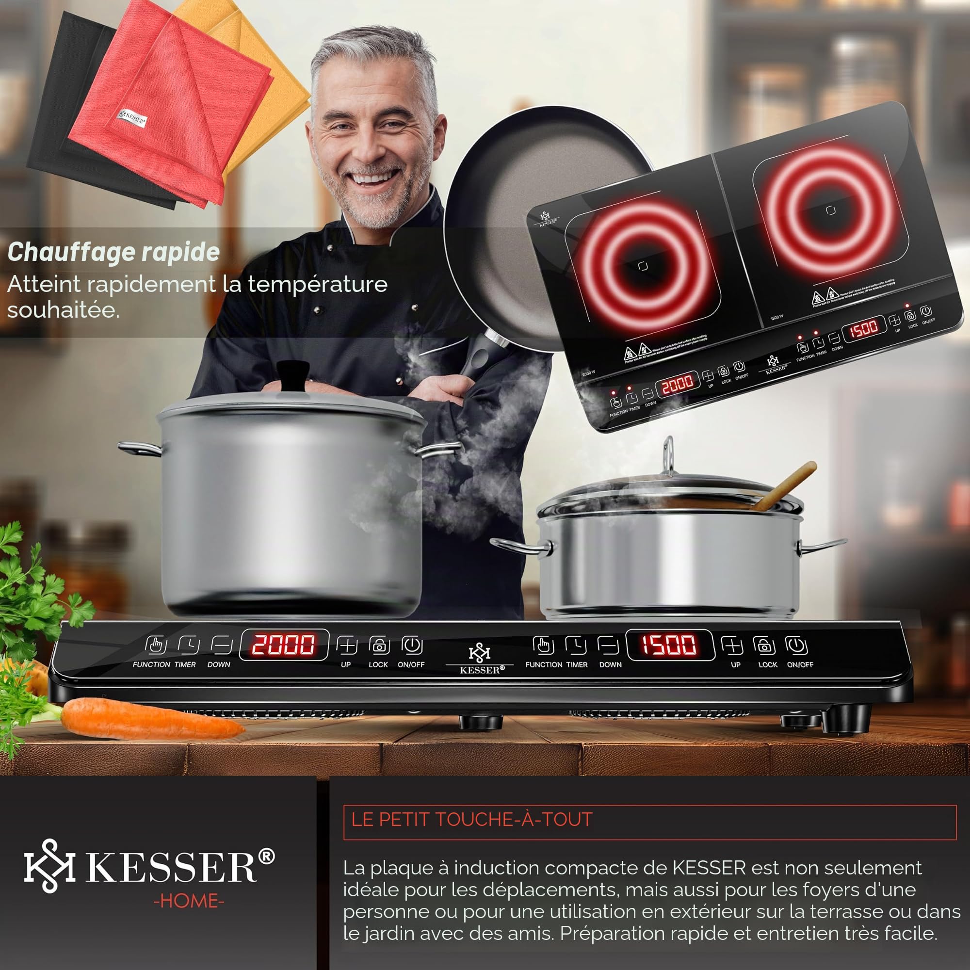 KESSER Plaque de cuisson à induction, 2 plaques, 3500 W, plaque de cuisson portable de 57 cm, 3 chiffons en microfibre + 1 livre de cuisine, 8 niveaux de chauffage, minuterie de 4 heures, contrôle
