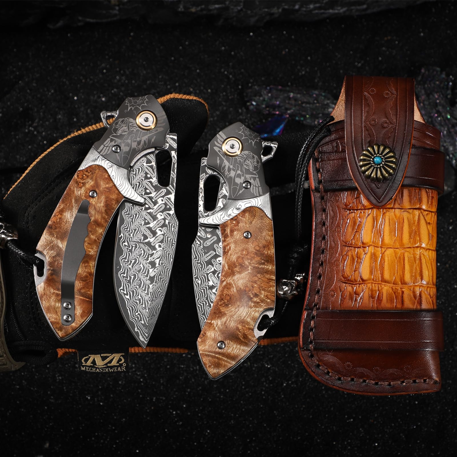 Handgefertigtes Klappmesser aus Damaszenerstahl, EDC-Messer für Herren, komplett mit Lederscheide und Taschenclip. Taschenmesser für Outdoor-Camping, Wanderungen，Bergsteigen und Jagd