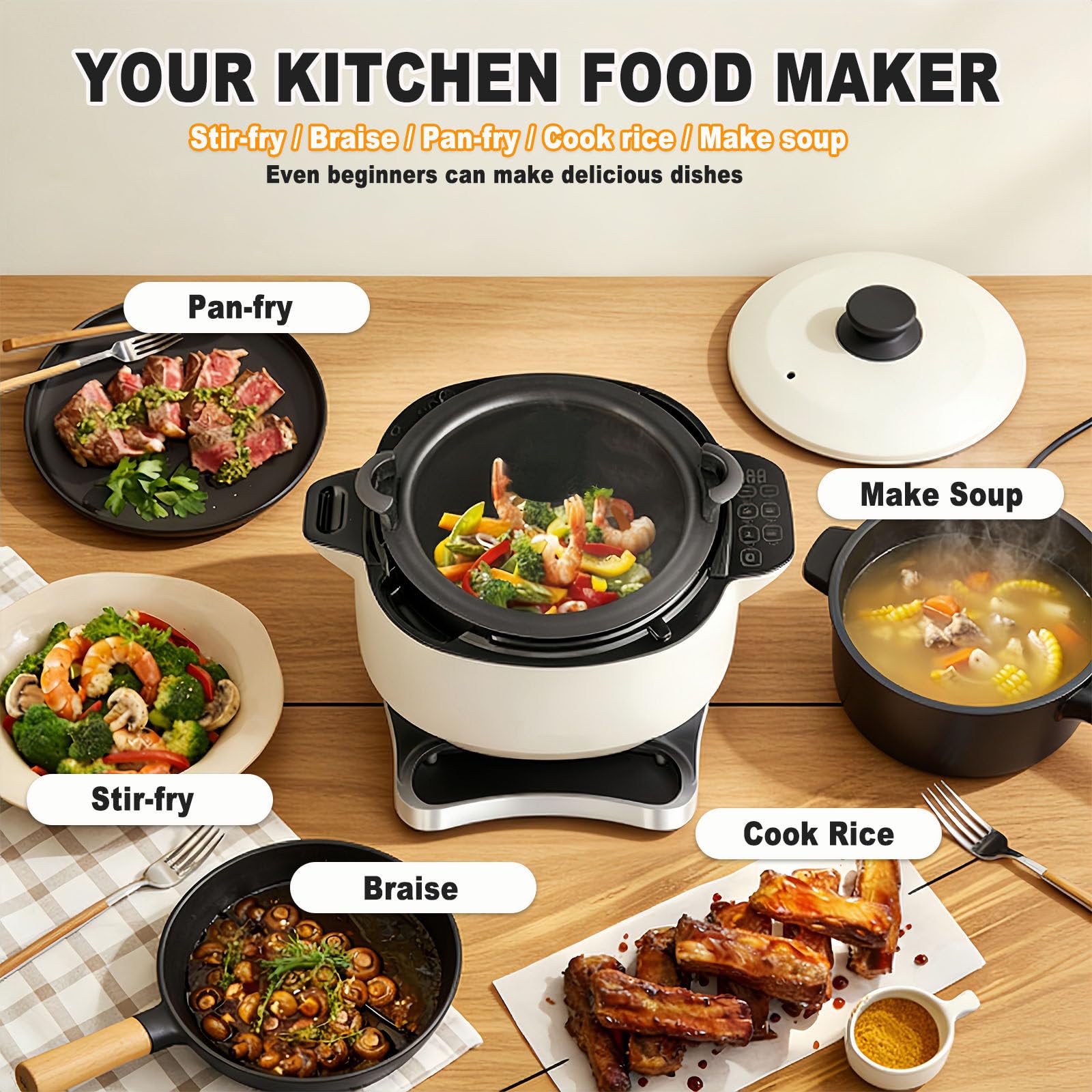 Macchina da cucina portatile, 6 l, con rotazione a 360°, 3 impostazioni di velocità, avvio intelligente con un clic per mescolare e cuocere in umido