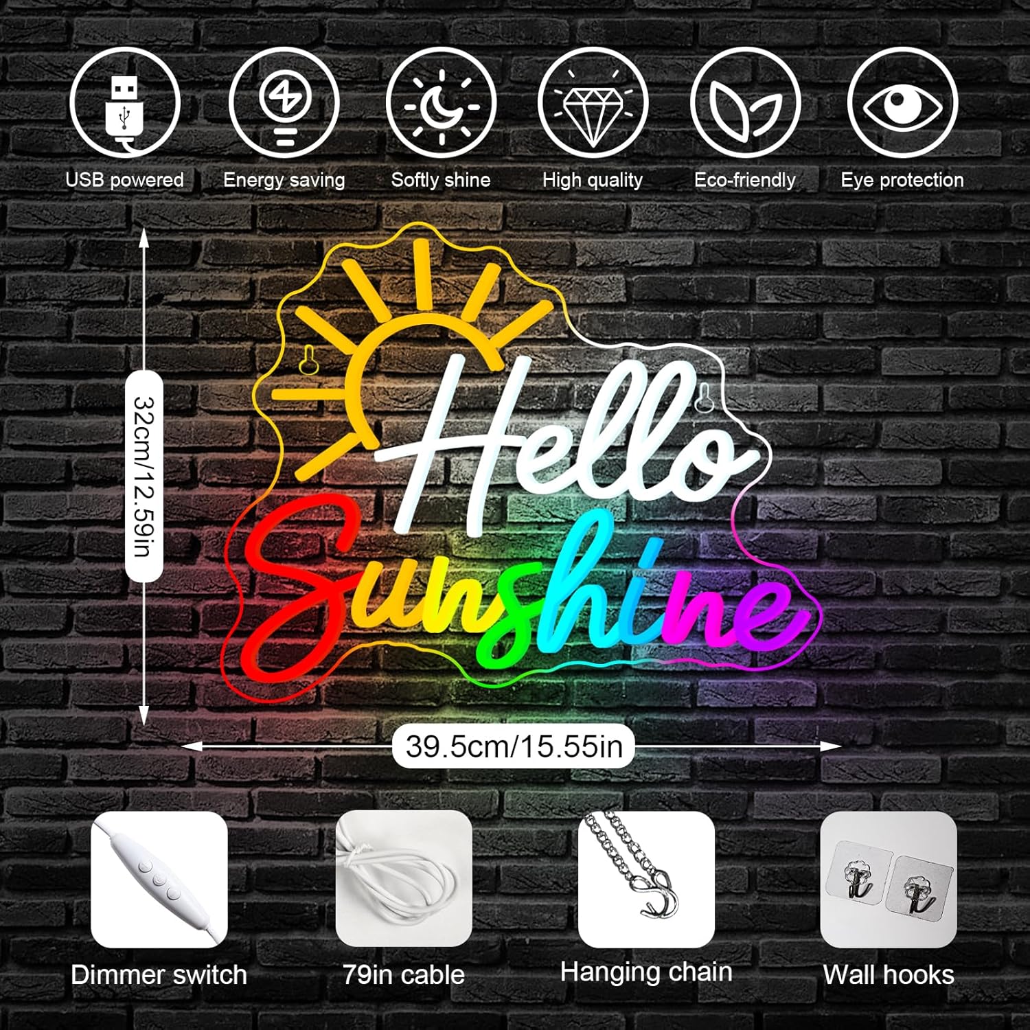 Horseneon Hello Sunshine Neon Sign Led Light Hello Sunshine Sign Dimmable Neon Signs for Classroom Funny Wall Art Light Up Signs for Wall Decor
