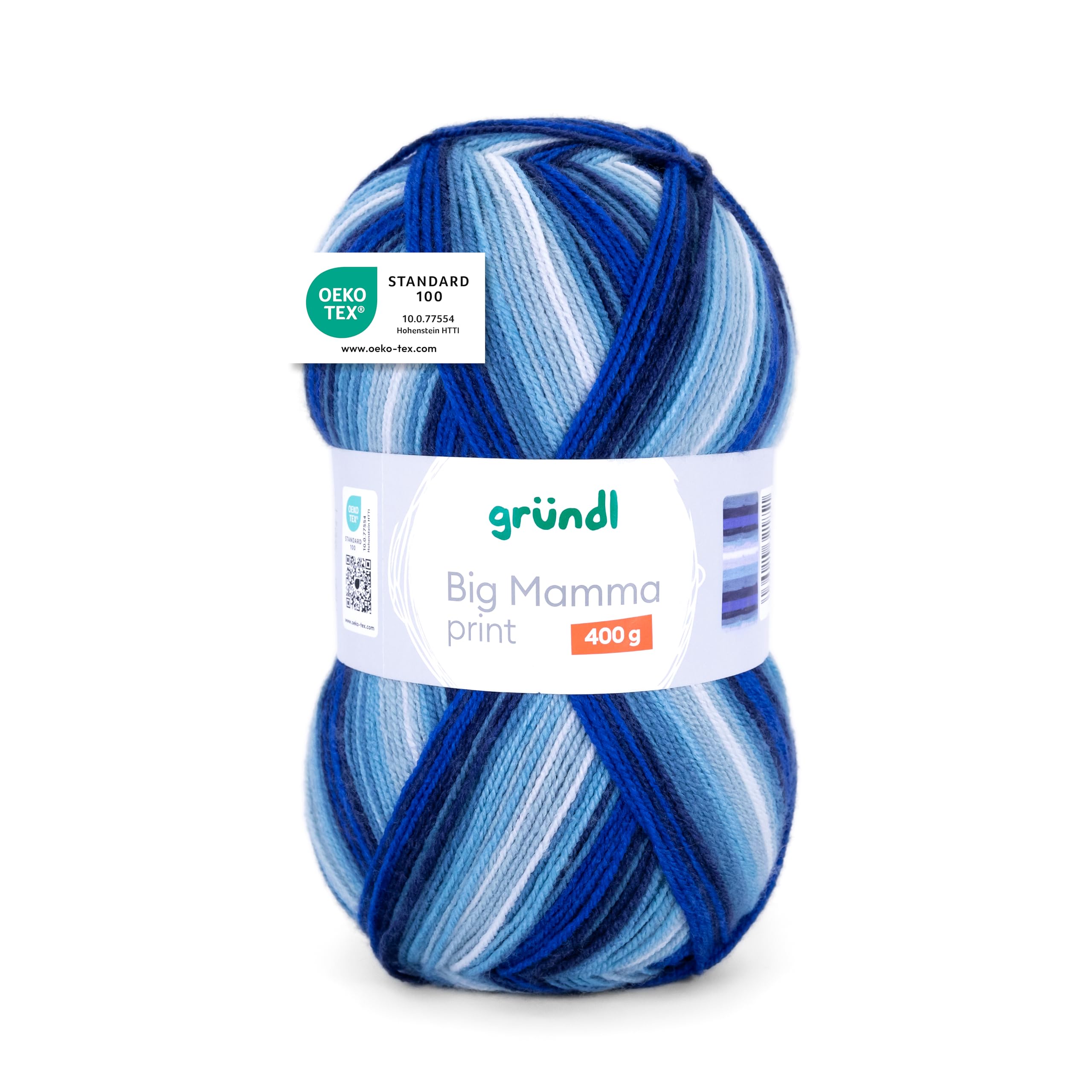 Gründl Wolle Big Mamma Print - XXL Wolle zum Stricken mit Farbverlauf - Weich und hautfreundlich - 100% Polyacryl - 1 Knäuel 400 g / 1040 m - Nadelstärke 3,5-4,5 - royalblau-jeans-himmelblau-weiß