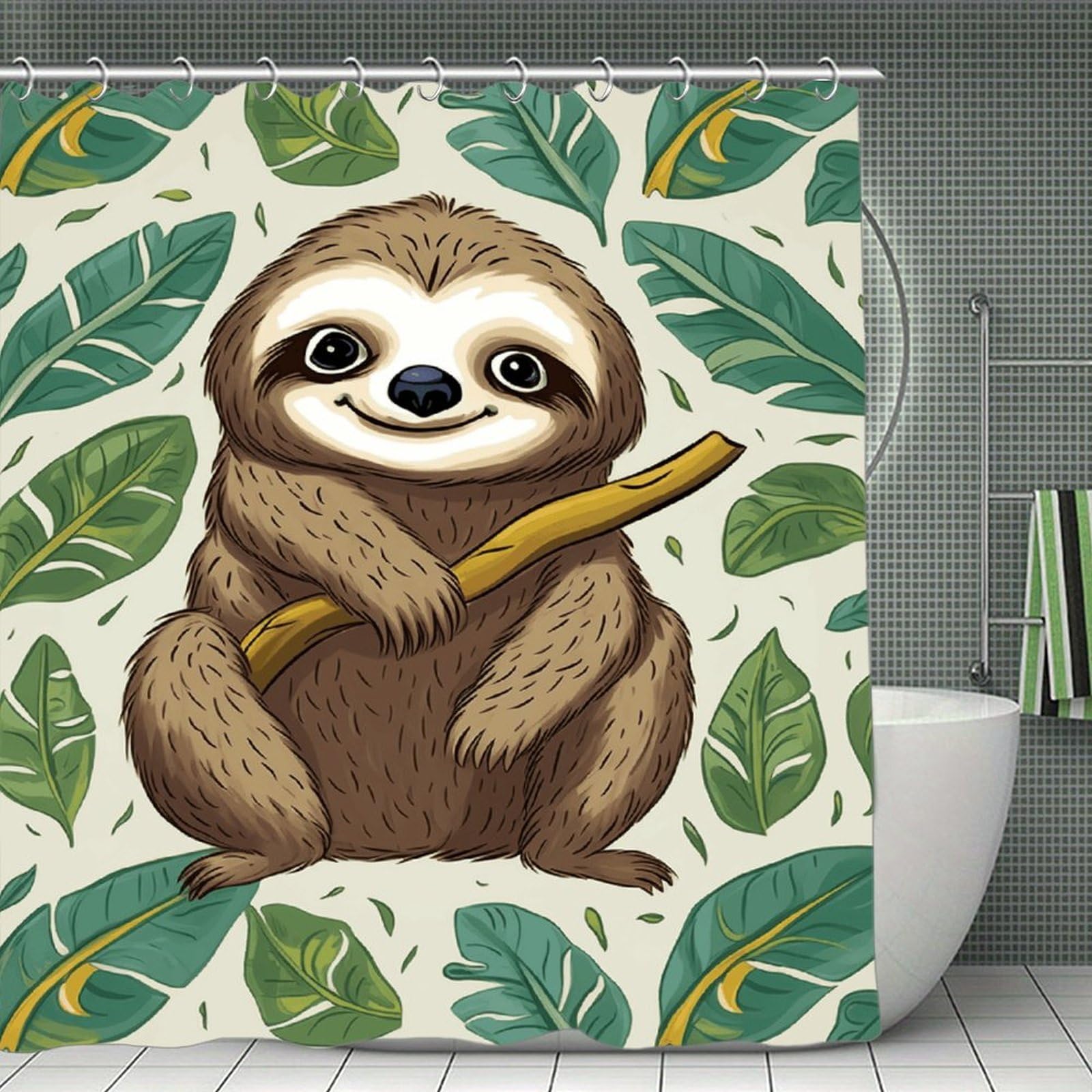 VstaDank Adorable Sloth Shower Curtain 71x71 Heavy Duty Polyester Cloth Bath Curtain with Hooks Thick Waterproof Shower Liner Fun Magic Decorative Bathroom Curtains for Bathtub