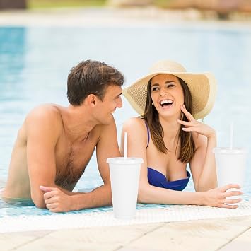 710ml Reusable Plastic Cups, 10 Pack Cold Cups with Lid and Straw, Tumblers Travel Mugs for Adults and Madam Party and Beach, Pool Gatherings (10, White)