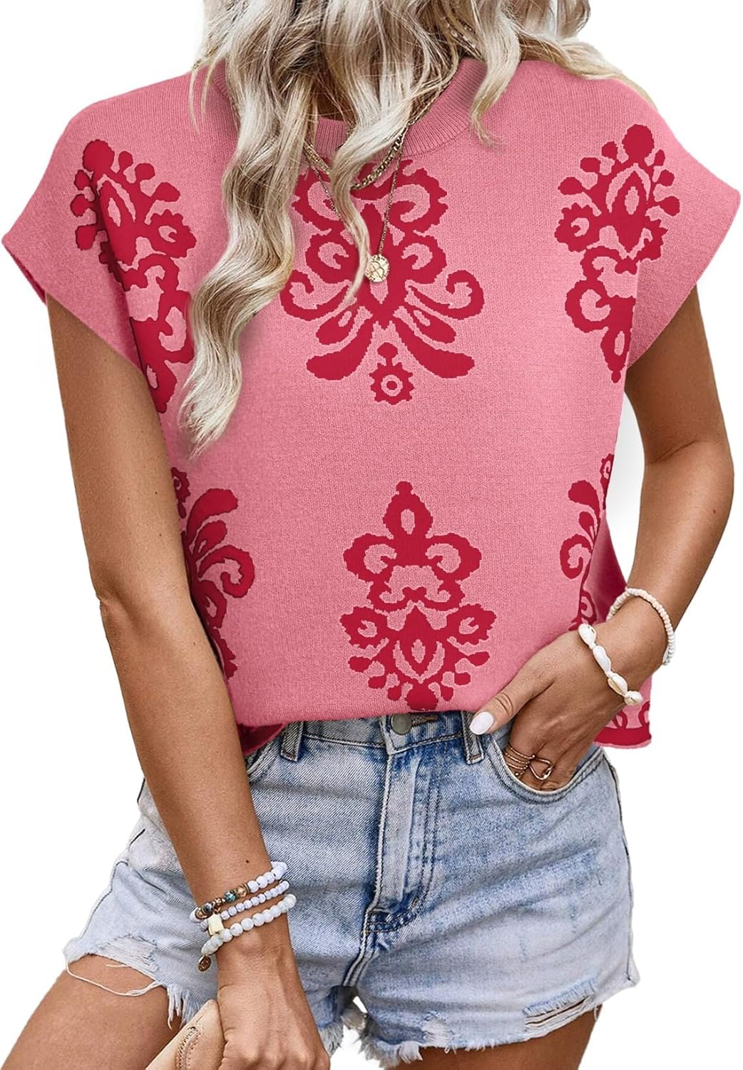 Dokotoo Women’s Sweater Vest Summer Casual Crewneck Knit Pullover Tops Lightweight Boho Printed Cap Sleeve Sweaters