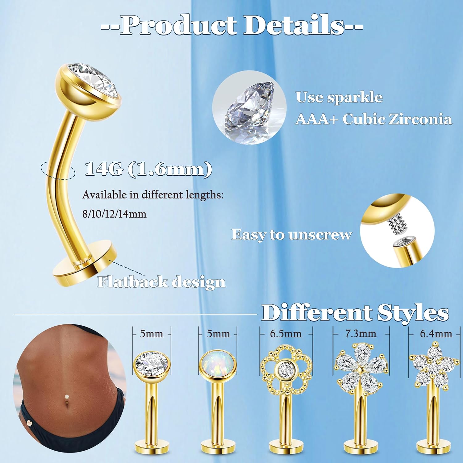 REVOLIA 5Pcs 14G Surgical Steel Floating Belly Button Rings for Women Flat Back Petite Belly Ring Opal Flower CZ Small Navel Rings Internally Threaded Belly Piercing Jewelry 8/10/12/14mm - Image 3