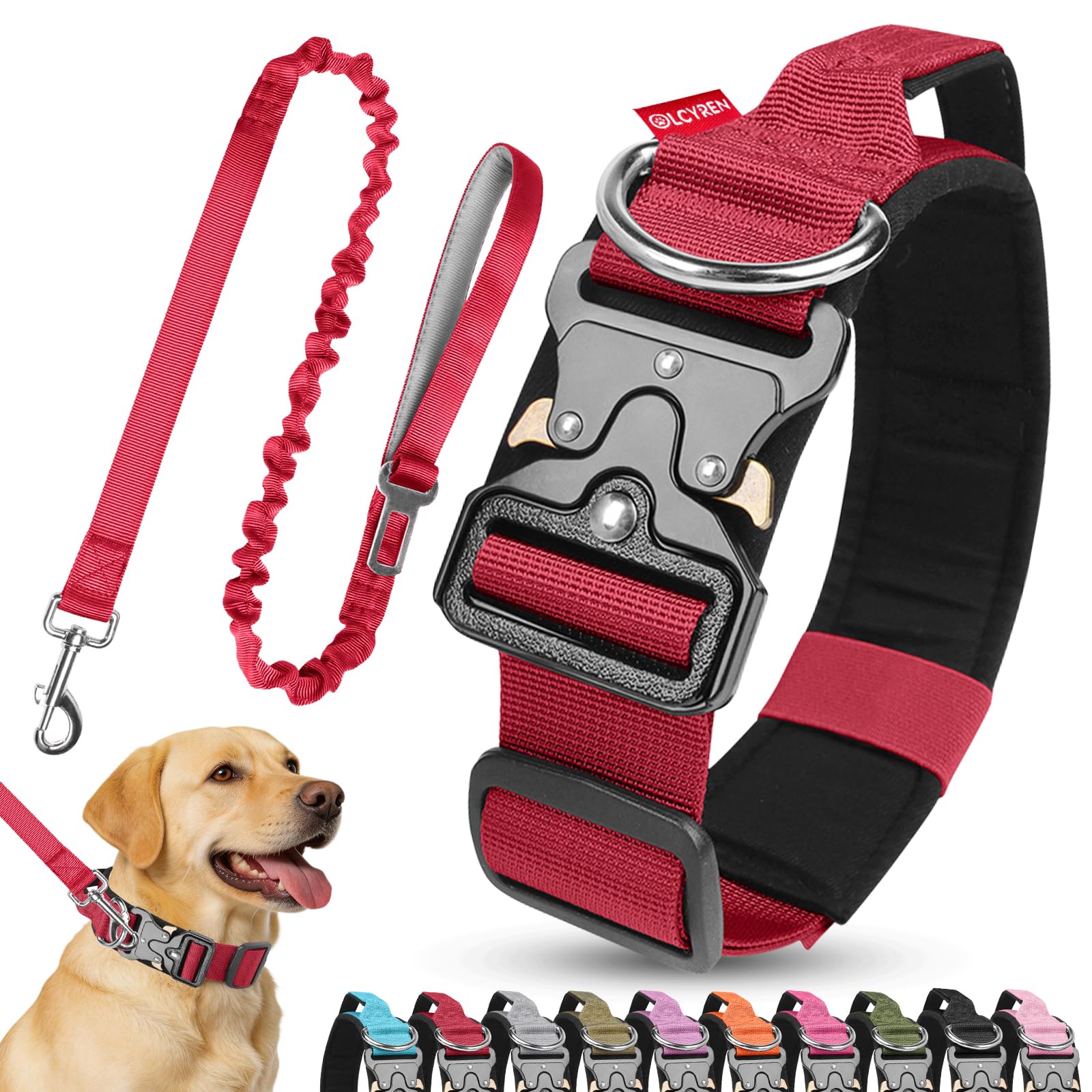 Olcyren Dog Collar and Lead Set, Tactical Nylon Adjustable Dog Collar with Handle, Soft Padded Pet Collars with Heavy Duty Metal Buckle for Medium Large Dogs Training (Red, M) — image 1