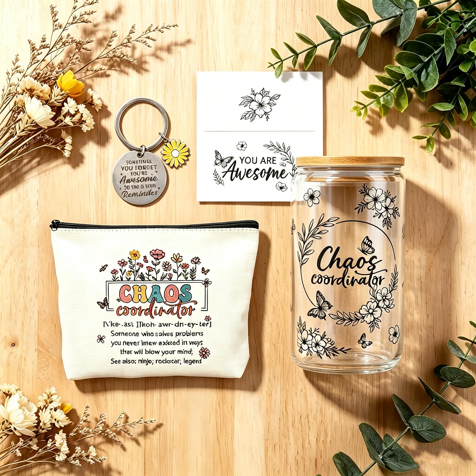 Chaos Coordinator Gifts for Women, Thank You Gift Set with 16OZ Glass Cup Makeup Bag Keychain and Card for Coworker Employee Manager Boss, Mothers Day Birthday Gifts for Mom Teacher