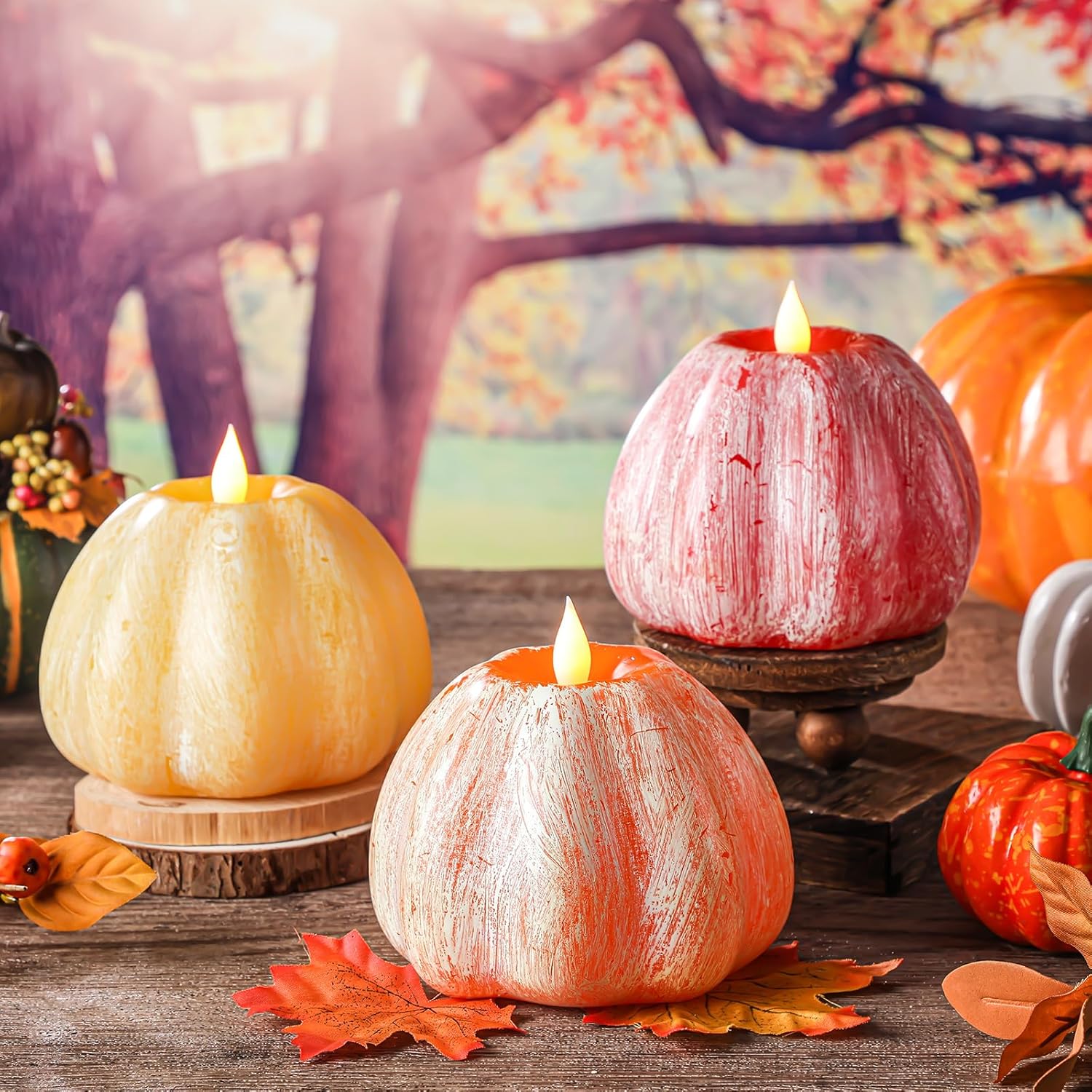 MTLEE 3 Pcs Fall Flameless Candles LED Pumpkin Lights Battery Operated Cute Fall Pumpkin Candles for Thanksgiving Party Decor Fall Home Decorations