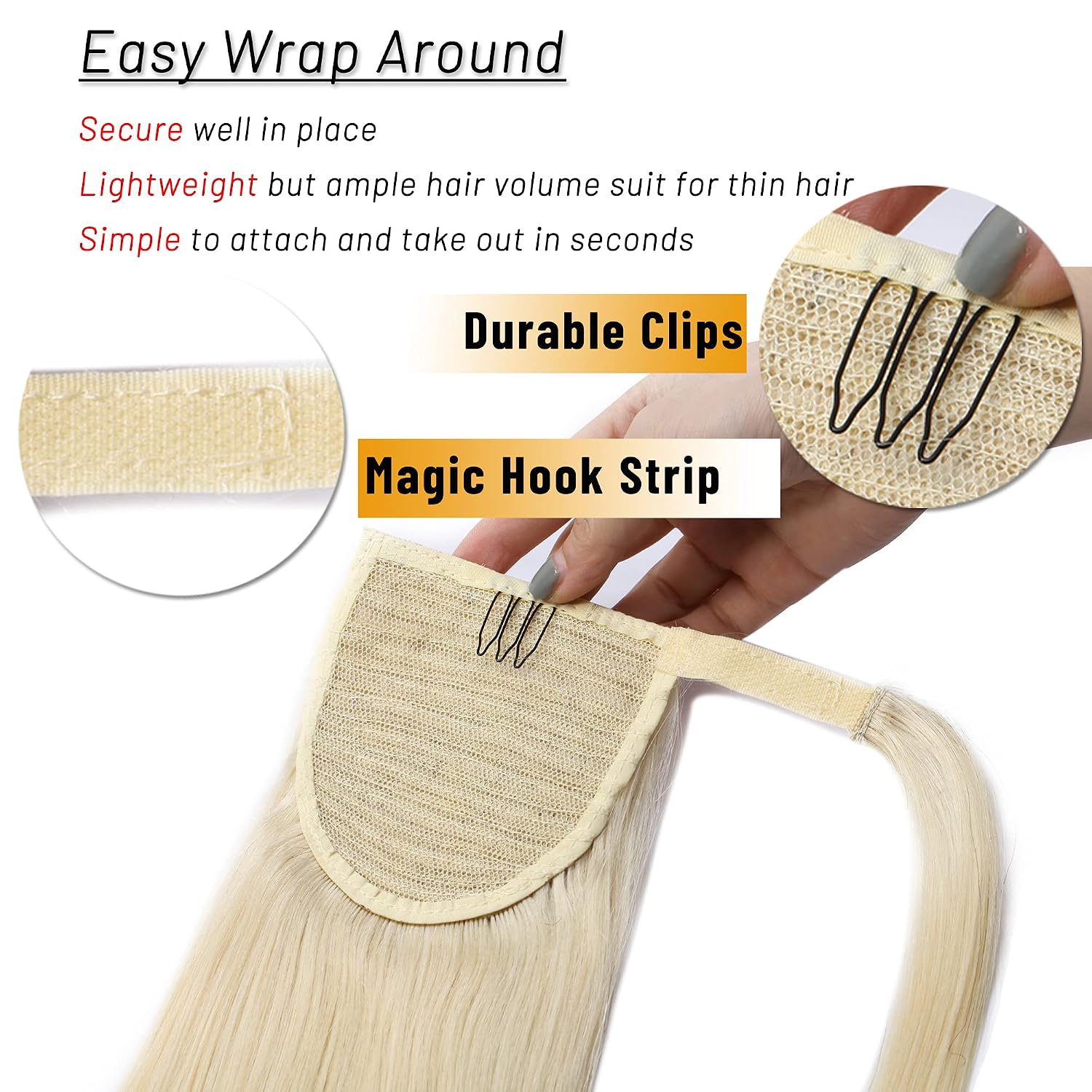 S-noilite Ponytail Extension Human Hair Wrap Around Blonde Clip in Pony Tail Hairpieces with Magic Paste Clip on Ponytails Hair for Women 18inch 90g-Platinum Blonde