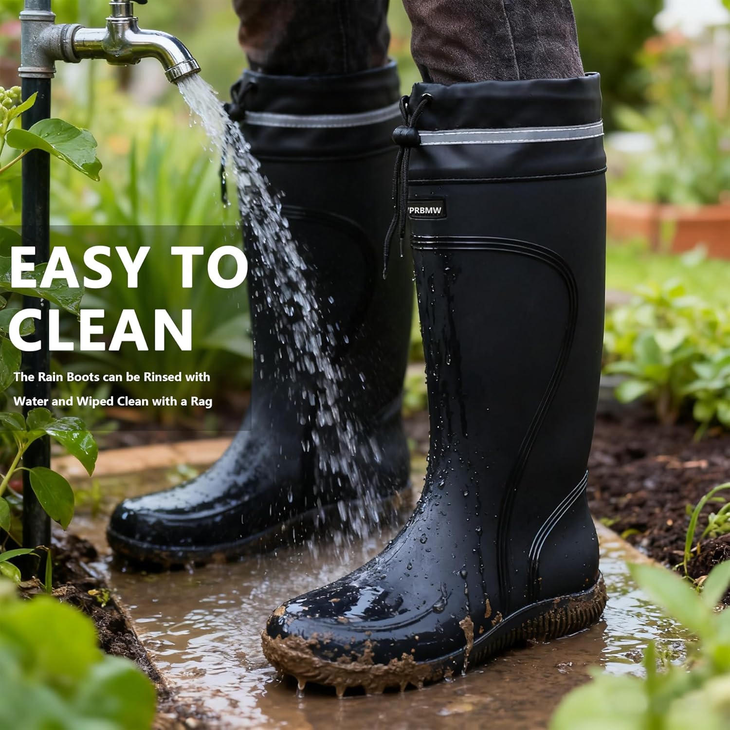 Mens Rain Boots Knee-High Waterproof with PVC Strap Boots Slip Resistant Muck Shoes for Outdoor Work Fishing Gardening Wet Environments