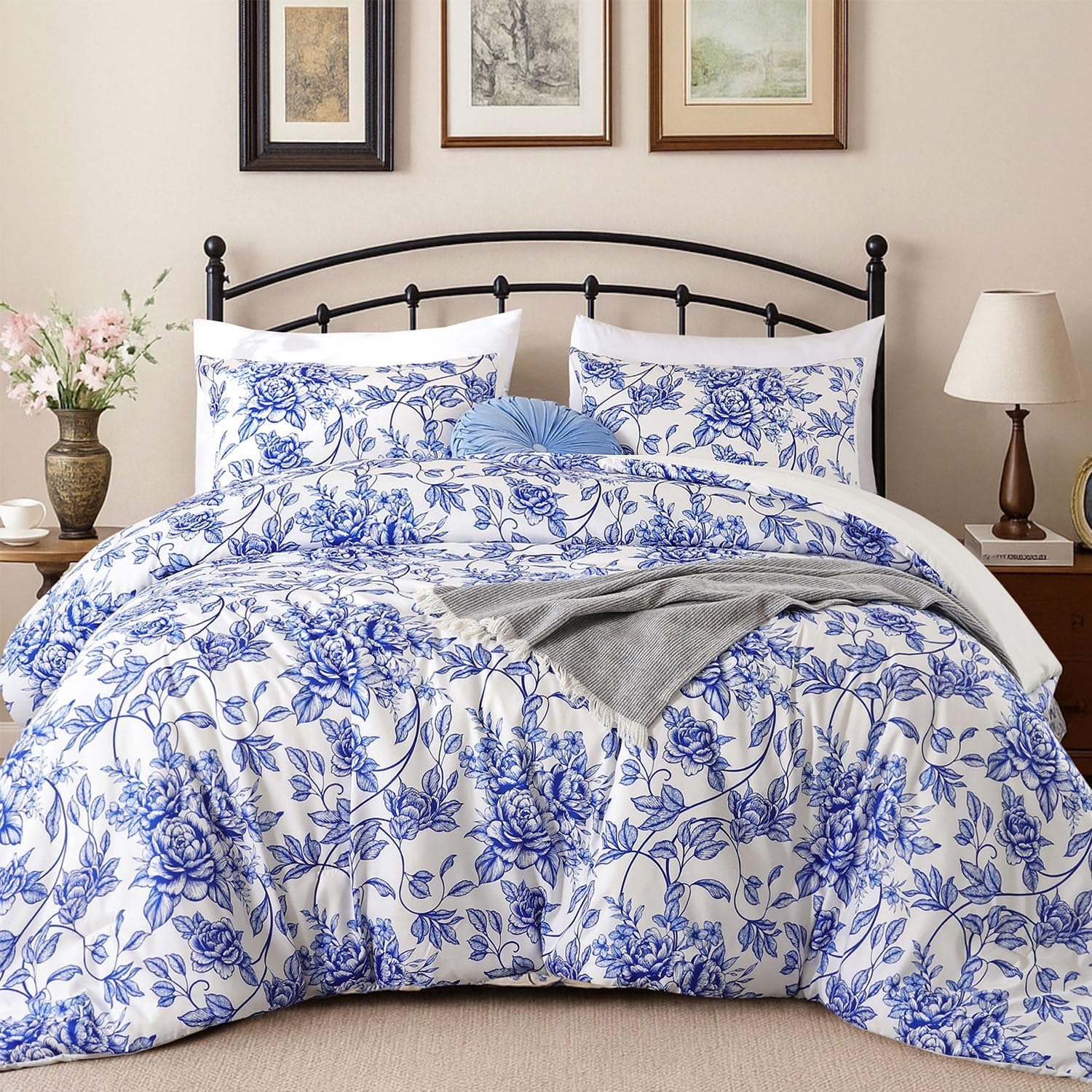JANZAA Comforter Set Comforter Floral Bedding Sets Flowers Bed Comforter 1 Soft Reversible Botanical with 2 Pillow Shams (Blue, Queen)