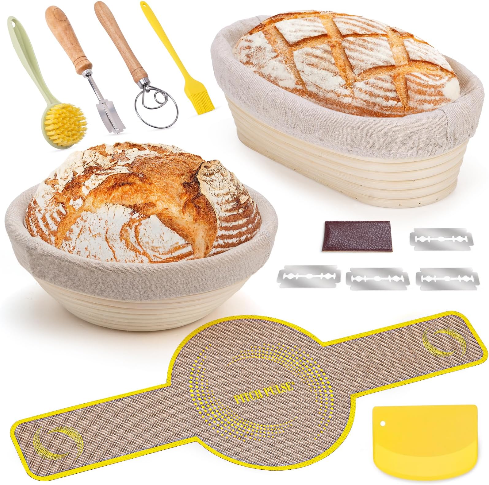 Bread Proofing Basket Set, Pitch Pulse 9 Inch Round and 10 Inch Oval Banneton Bowl with Sourdough Bread Making Tools Kit