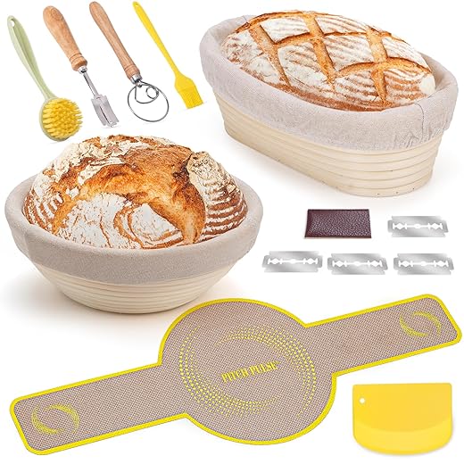 PITCH PULSE Cesta de Fermentación de Pan, Banneton 25cm Ovalada + 23cm Redondo, Brotform Cuenco de Ratán Natural para Pan y Masa