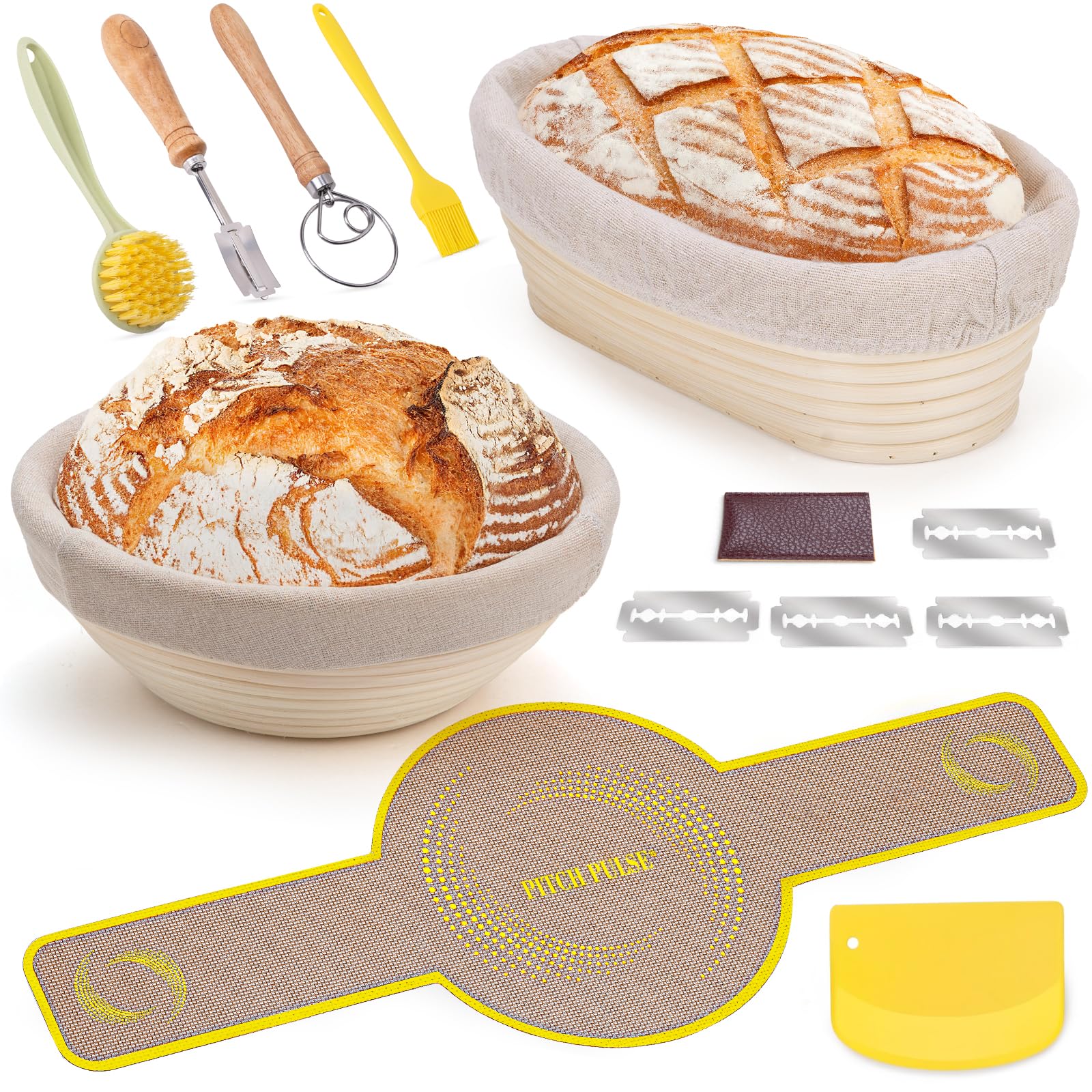 Bread Proofing Basket Set, PITCH PULSE 9 Inch Round and 10 Inch Oval Banneton Bowl with Sourdough Bread Making Tools Kit