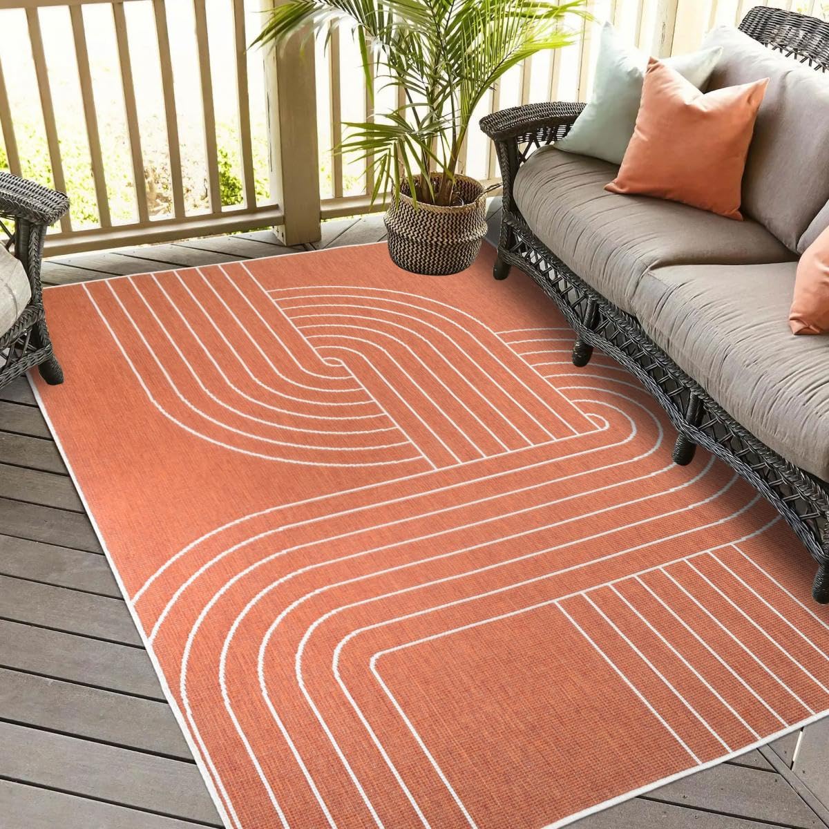 Tapis Exterieur 160 X 230 Cm, Terracota Et Écru Motif Géométrique Graphique, Kilim Tissé Belgique, Idéal Terrasse Jardin Balcon, 12056