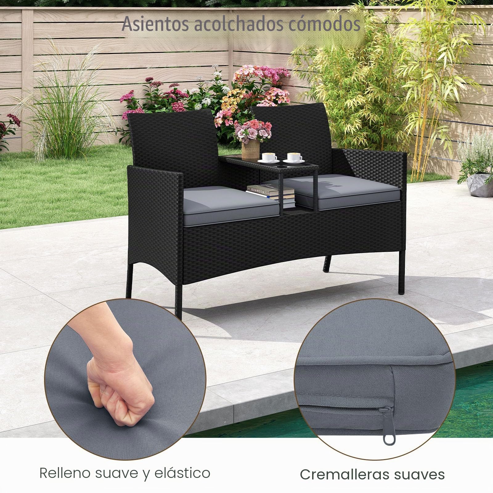 LIFEZEAL Banco de jardín de ratán con Mesa para 2 Personas (Gris)