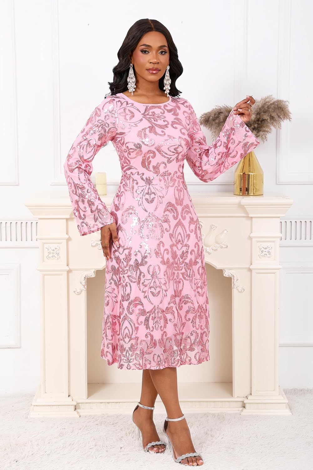 VERWIN Women's Elegant Floral Sequin Mesh Flare Long Sleeve Swing Cocktail Party A-Line Midi Dress - Image 3