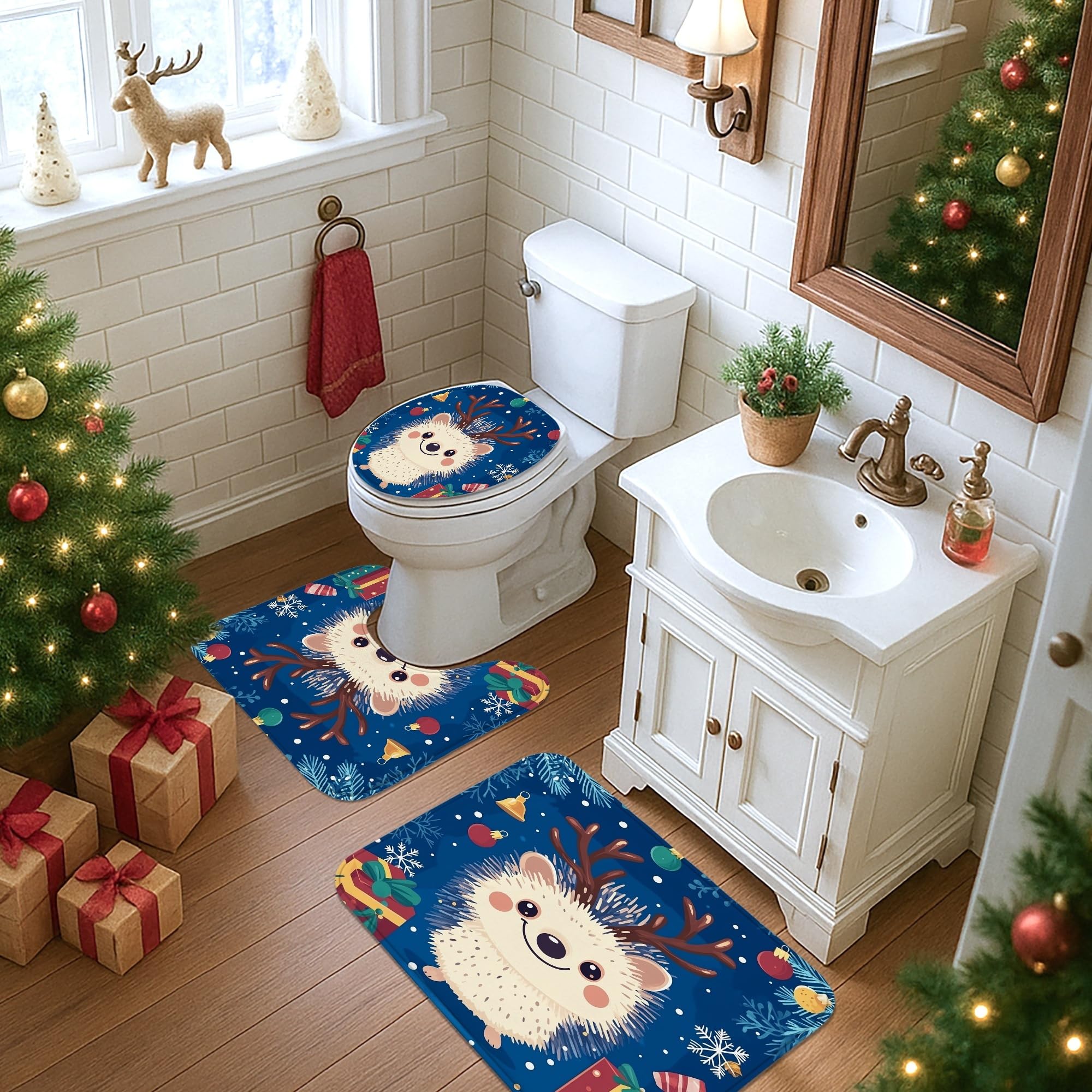 Juego de 4 accesorios de baño de erizo de Navidad con alfombra antideslizante, en forma de U y cubierta de tapa de inodoro, lindo y divertido para niños, decoración de baño de animales de Navidad, 72