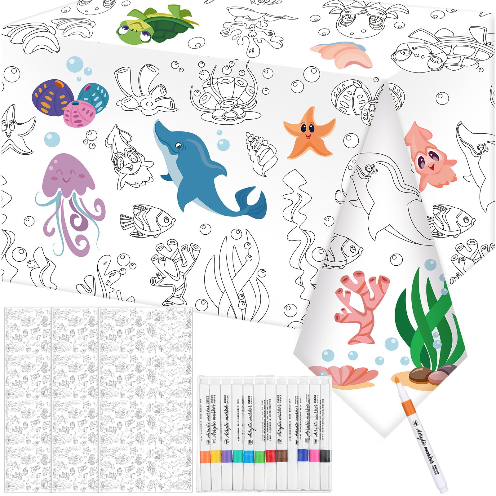 FillTouch 3 Pcs 54 x 108 in Under The Sea Activity Paper Tablecloth with 12 Watercolor Pens Ocean Animal Coloring Paper Disposable Table Cover for Large Birthday Party Decoration Coloring Tablecloth