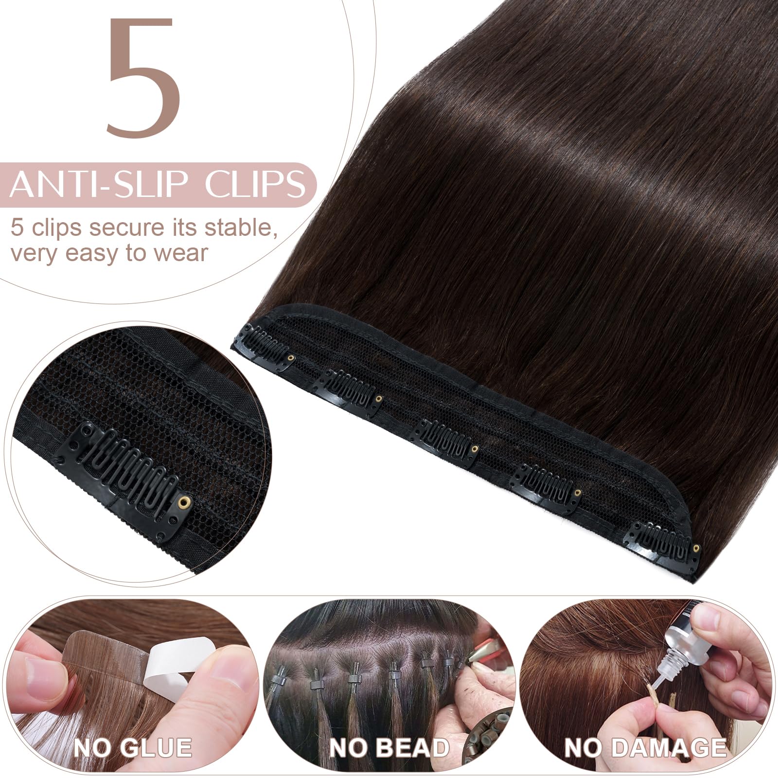 12 inch Clip in Hair Extension Human Hair One Piece 100% Real Remy [#2 Dark Brown] 3/4 Full Head Straight Hair Pieces for Women Invisible Short (40g) - 3