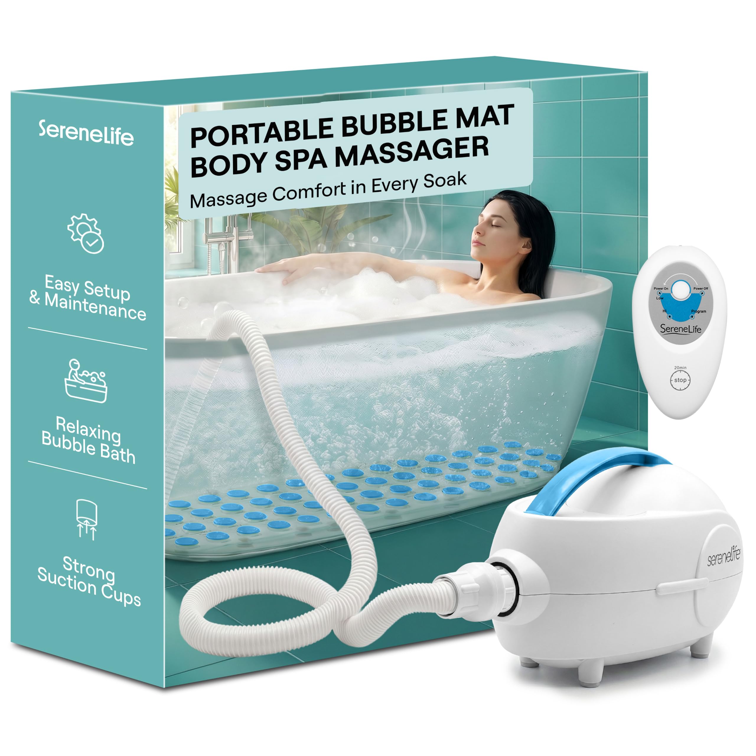 SereneLife Bubble Bath Mat, Bathtub Mat with Air Massage and Remote Control, Waterproof, Non-Slip, Adjustable Bubble Intensity, Aroma Diffuser, 47x14.2 Inch Full Body Spa Massager