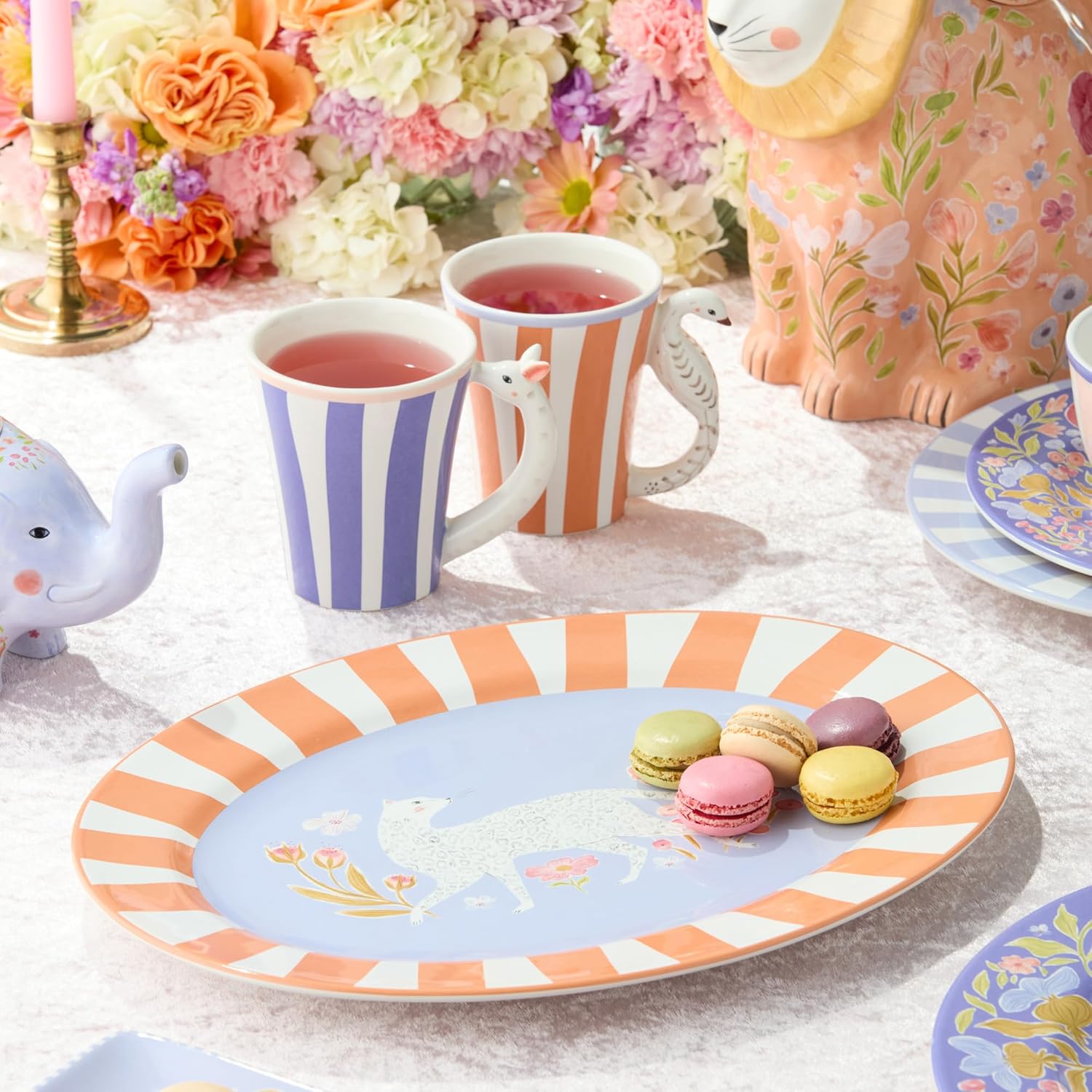 Menagerie Ceramic OVAL PLATTER 16 x 12 Inches, pastel leopard‑themed floral serving platter ideal for appetizers, desserts, salads, brunch spreads, and sandwiches