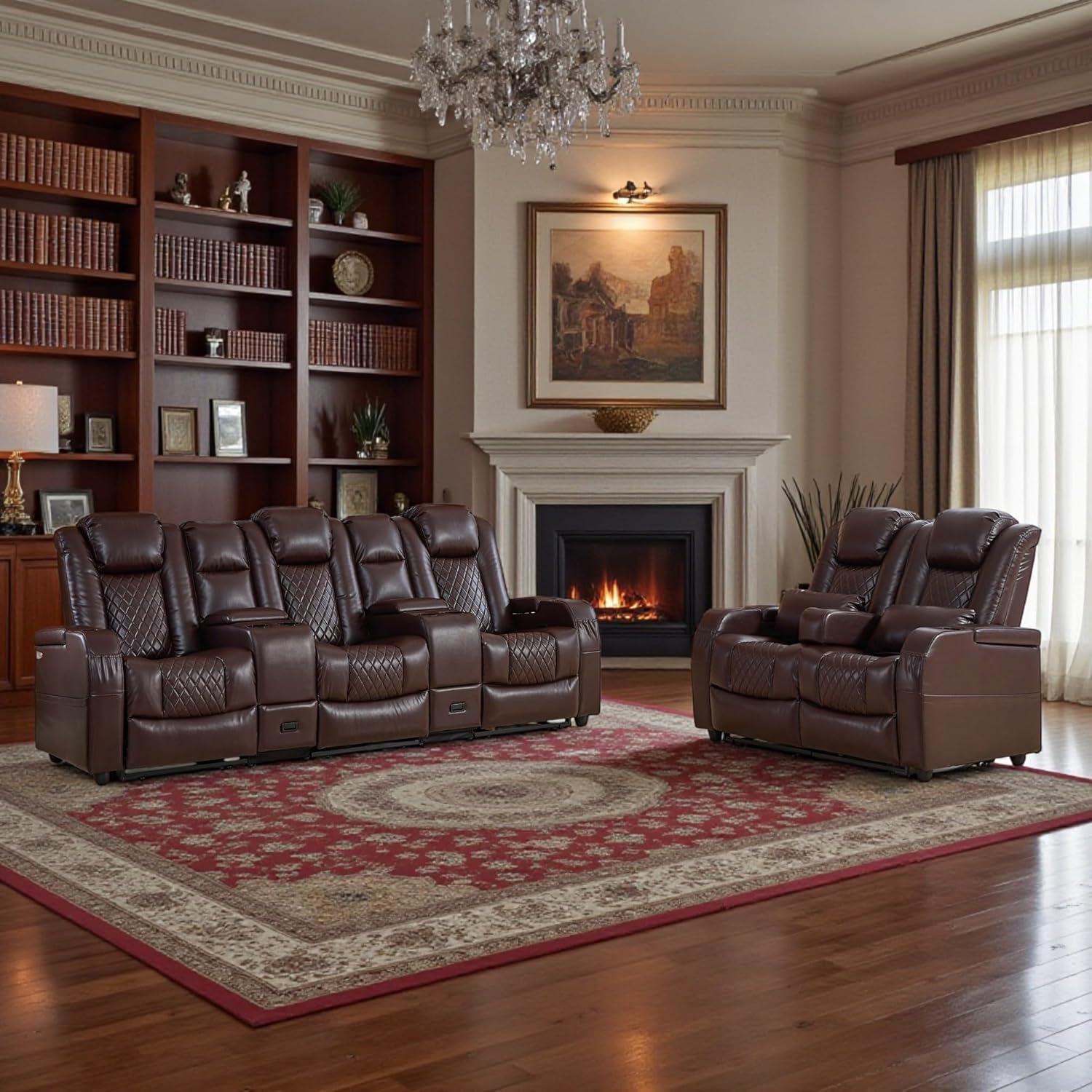 Recliner Loveseat Sofa, PU Leather Recliner Couch with Cup Holders and 2 Pillows, 135° Reclining Chair & Wall Hugger Recliners for Living Room, Home Theater, RV, (Brown)