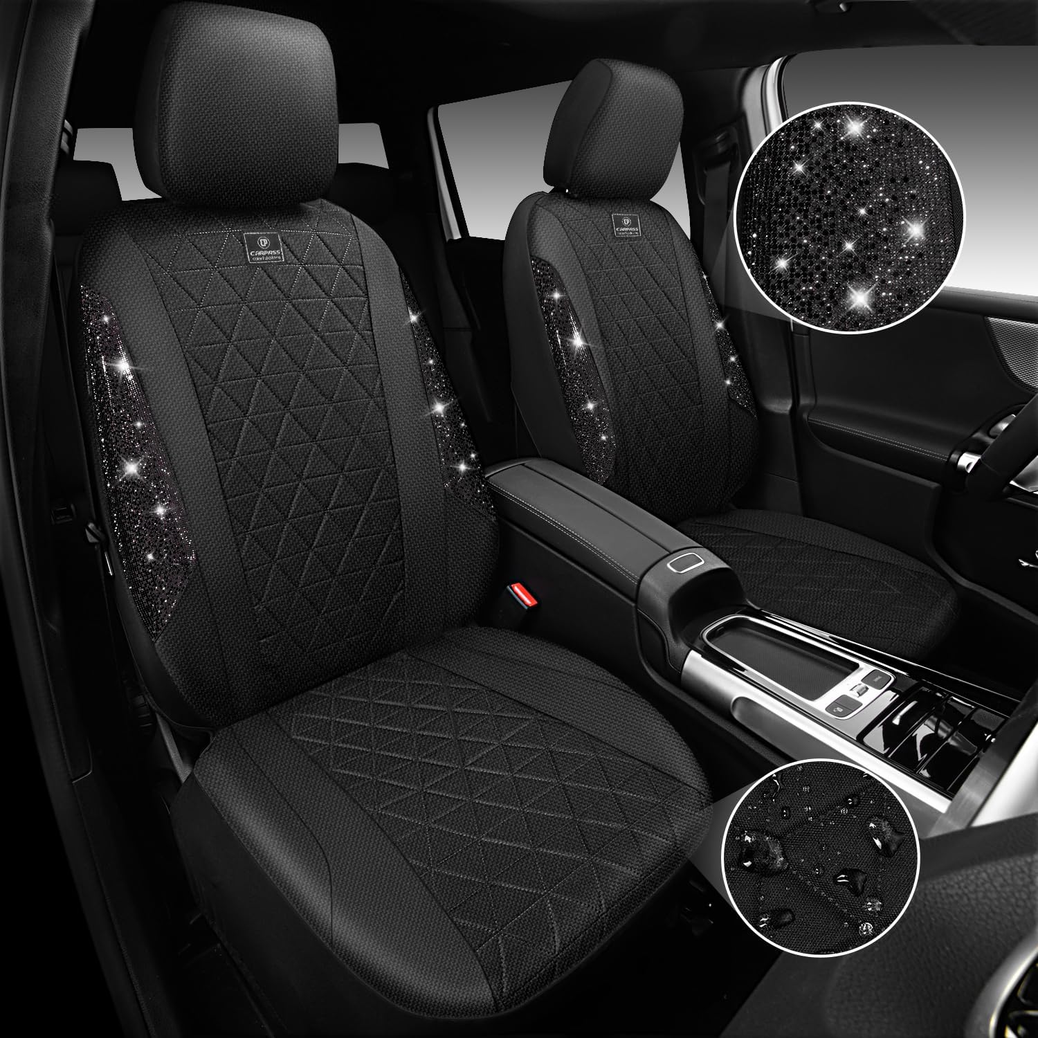 CAR PASS Oxford Bling Diamond Car Seat Covers Full Set Interior Sets, Waterproof Shining Glitter Sparkly Crystal Universal Armrest Fit 95% Automotive Truck SUV Cute Women Girl, All Black Rhinestone