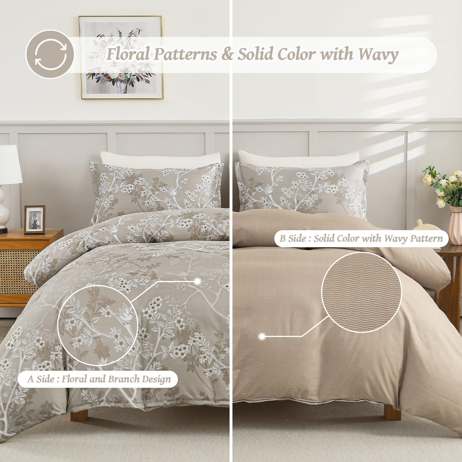 DJY Khaki Double Duvet Cover Floral Bedding Set - Image 4