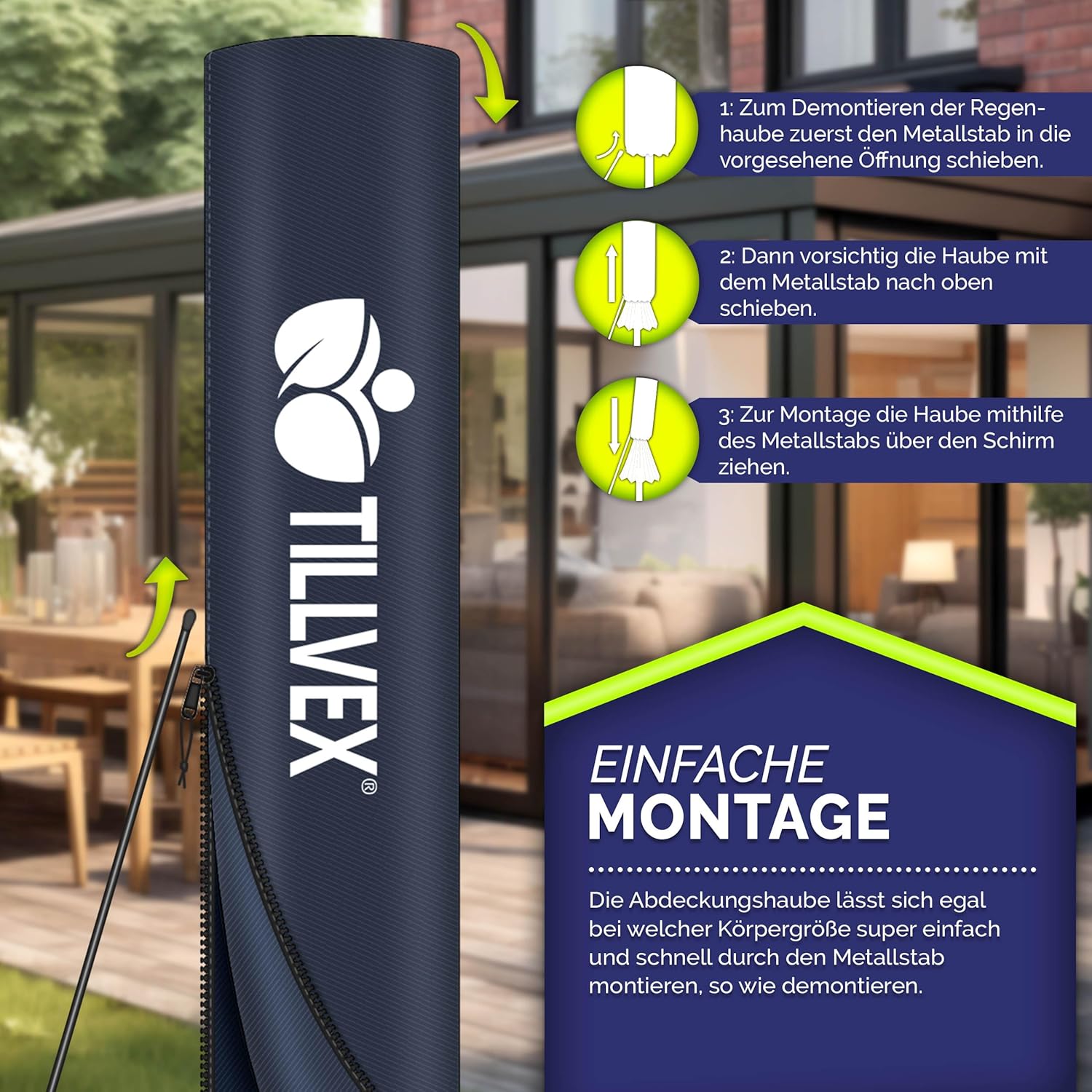 Image demonstrating the installation of the protective cover on the tillvex parasol.