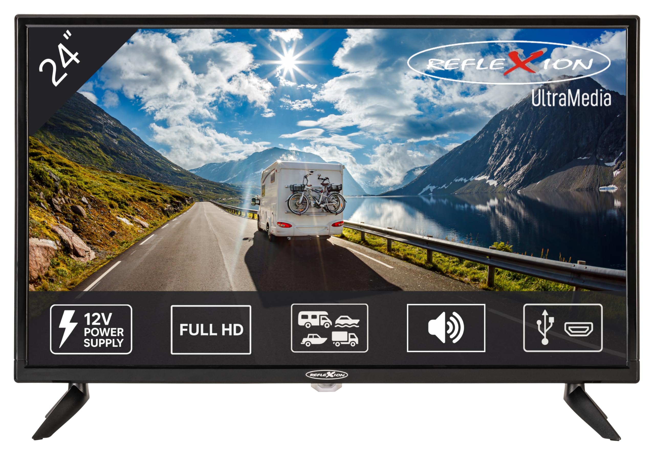 Reflexion LED2425 Téléviseur LED 60 cm pour Caravane/Camping-Car/Caravane/Bateau/Camion 12/230 V Full HD Triple Tuner avec DVB-T2HD, DVB-S2, DVB-C, Fente CI + Fonction d'enregistrement (PVR)