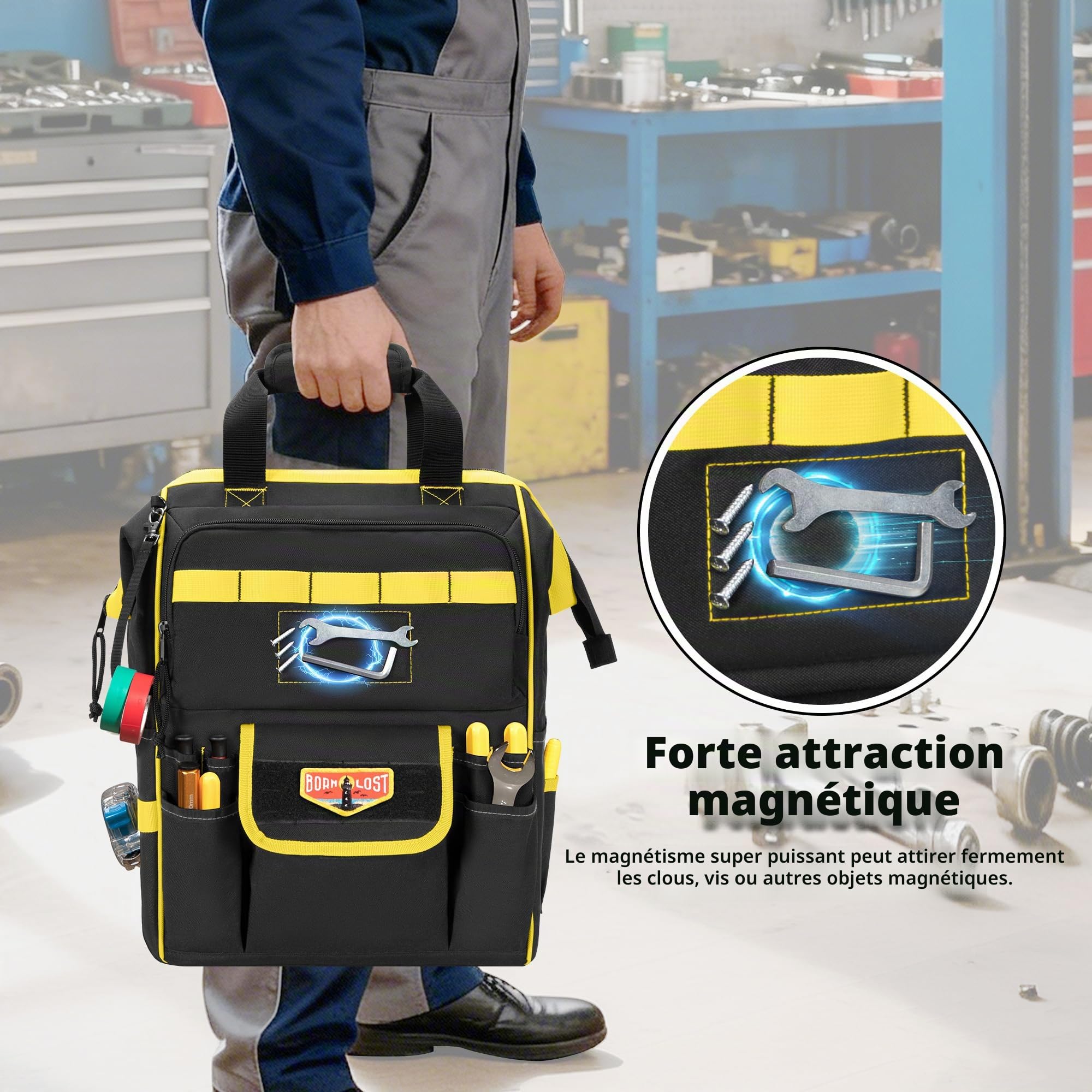 Rexmica Sac à Dos Outils avec Pochette Zippée/Zone D'attraction Magnétique | Sac de Outils Robuste avec Ouverture à Cadre Métallique, Sacoche Tactique pour Électriciens, Réparateurs et Techniciens