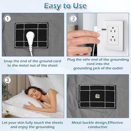 Miniatura 6 de Grounding - Sábana bajera ajustable tamaño Queen, con 5% fibra de plata pura + 95% algodón orgánico, juego de sábanas conductoras de tierra con