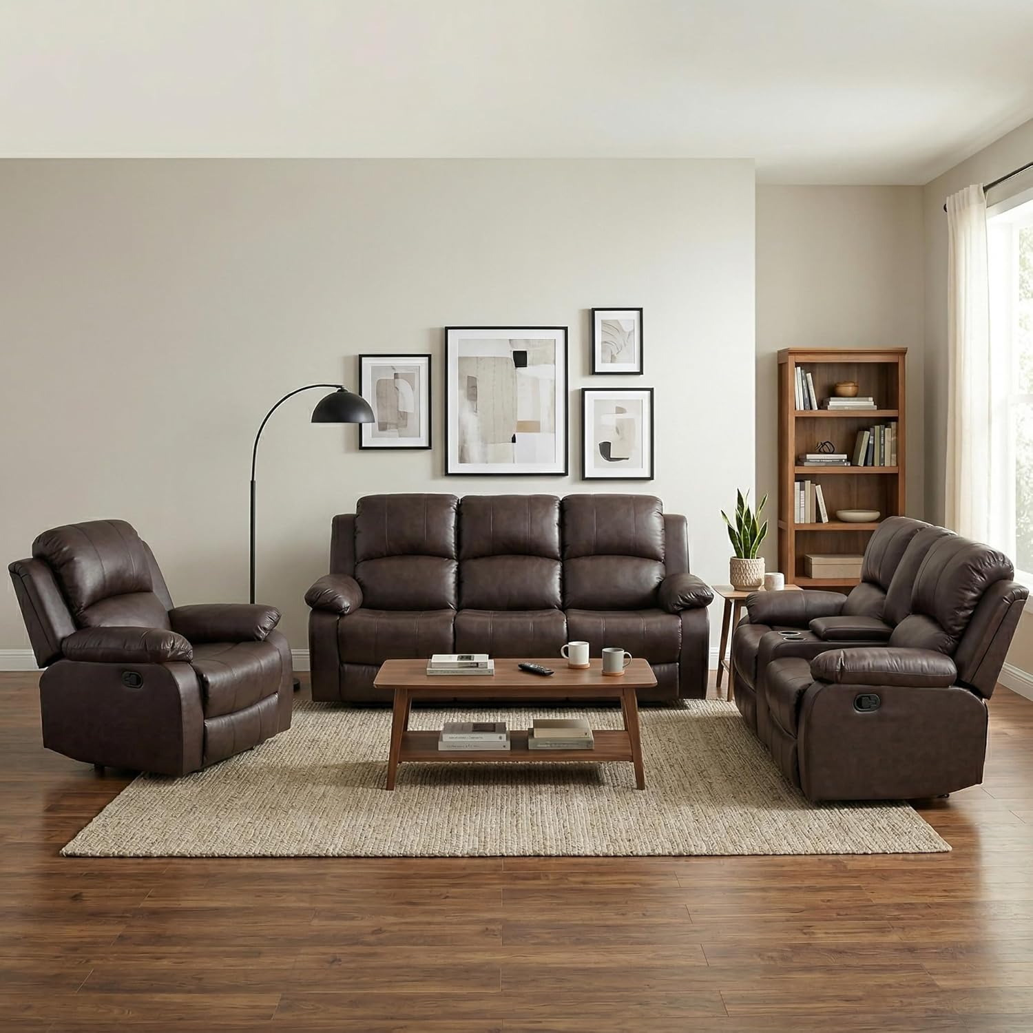Living Room Furniture Sets, 3 Piece Leather Recliner Sofa Set with Convertible Table, Storage Console & Cup Holders, Manual Reclining Breathable Leather Sectional,Brown
