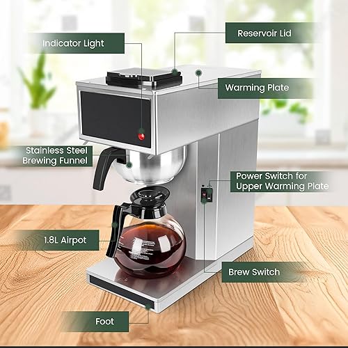 Miniatura 6 de YUANHAO Cafetera comercial Pourover de 12 tazas con jarra de vidrio y calentadores, 120 V