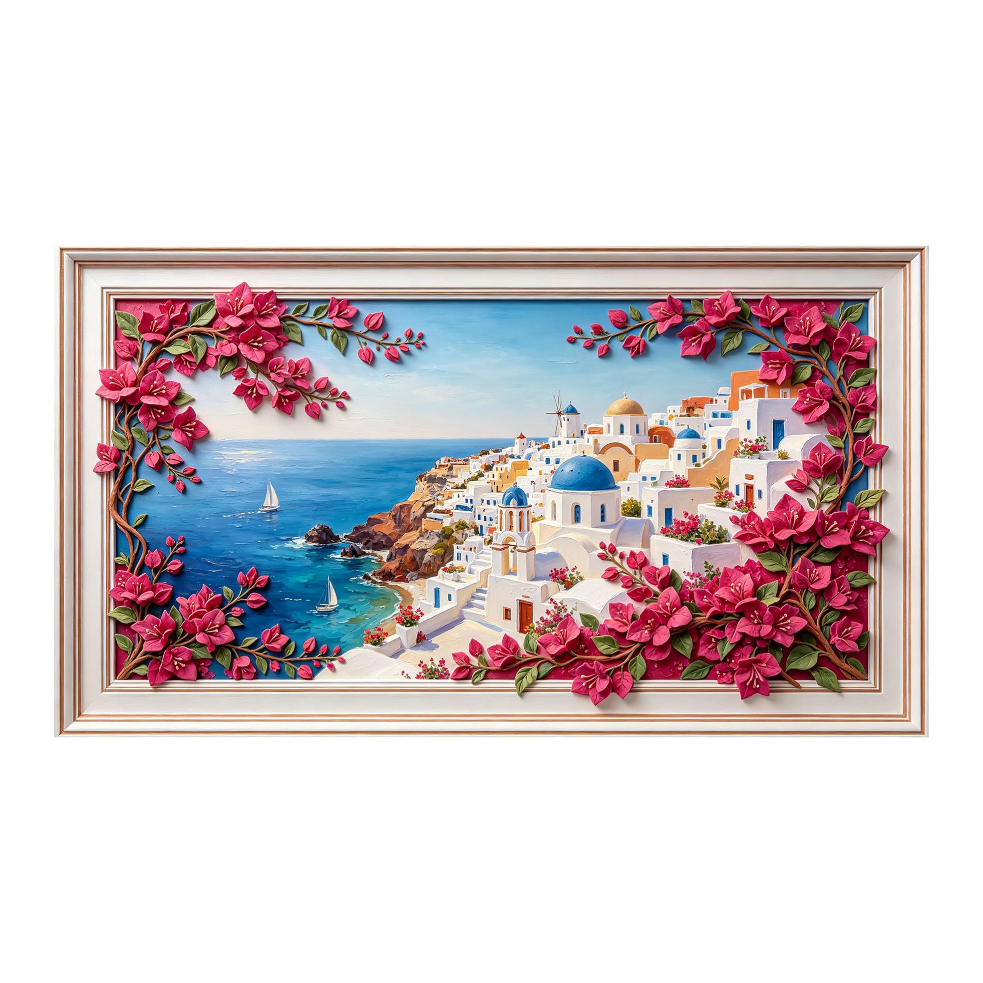 Murasolite 3D Framed Wall Art Mediterranean Seaside Village Landscape Oil Painting SelfAdhesive Fabric Mural Wall Decor， Peel and Stick No Damage to Wall， AntiFall Safe Design for Bedroom Living Room