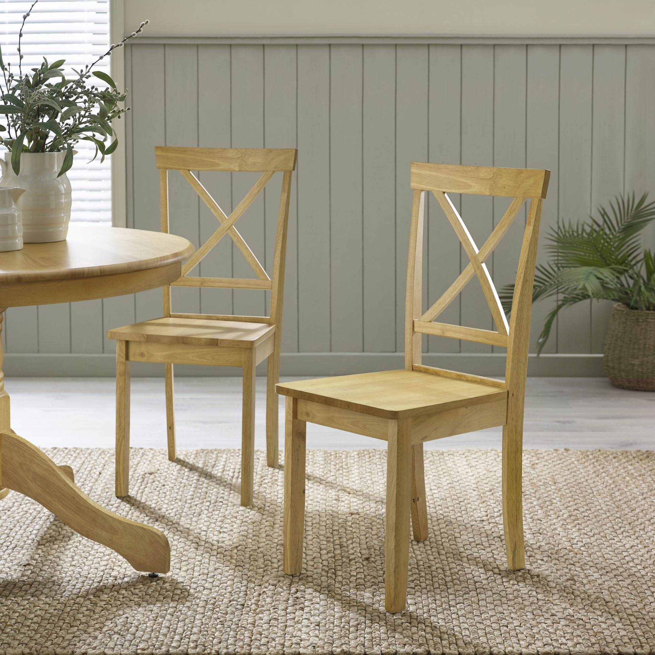 Furniturebox UK Wooden Dining Chairs - 2x Millford Oak Stained Solid Wooden Dining Chairs - Cross Back - Modern Rustic Farmhouse Furniture - Solid Rubberwood