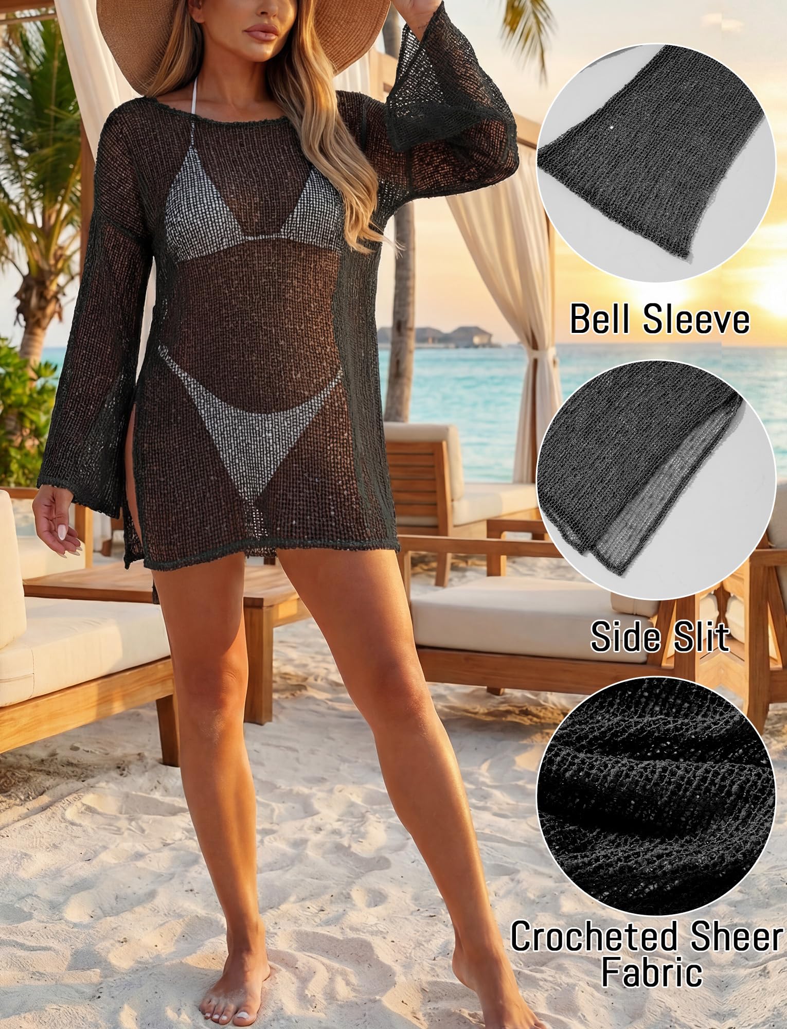 Panegy Couverture de Maillot de Bain pour Femmes Tricot Manches Longues vêtements de Plage Crochet Creux Bikini Haut Robe de Vacances d'été