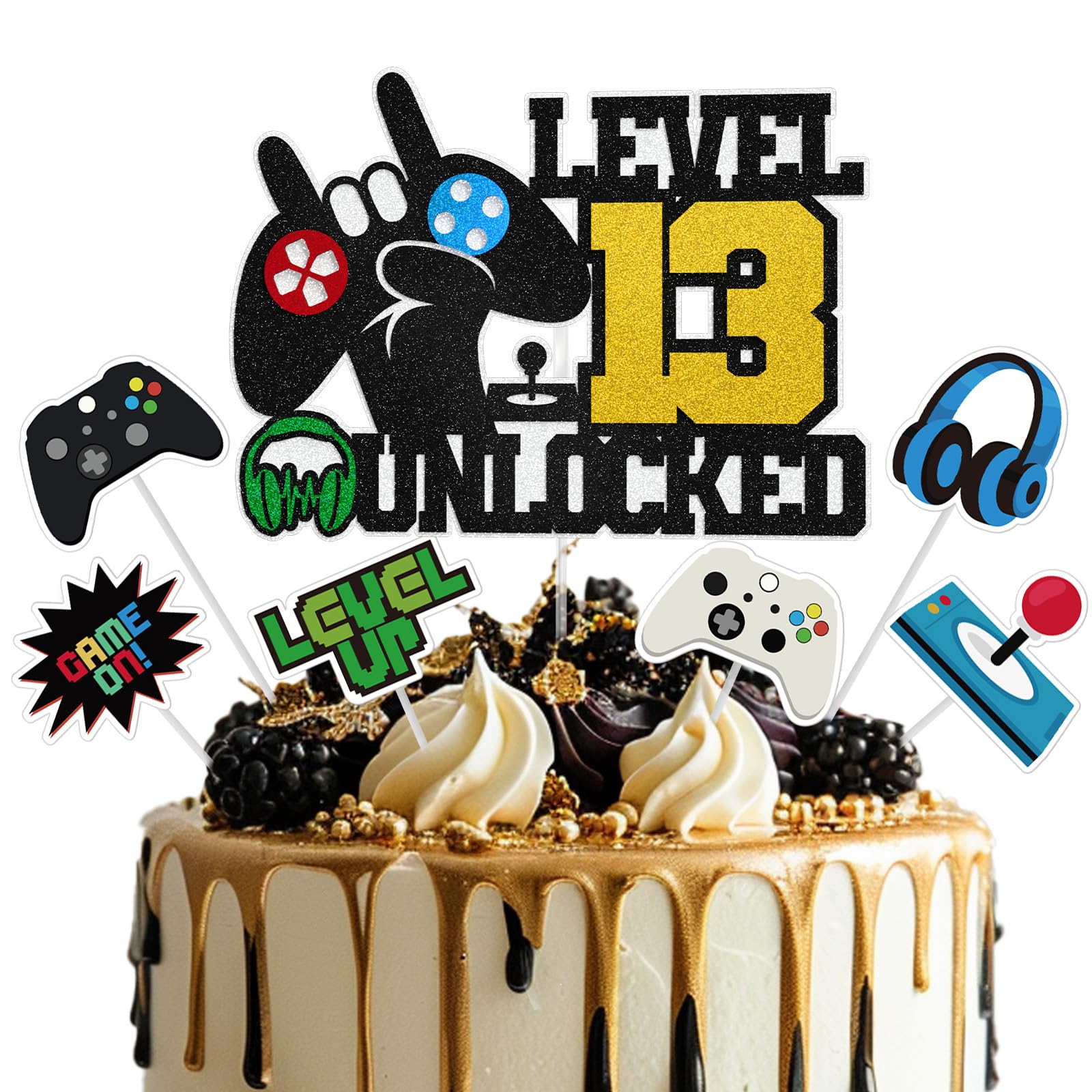 Video Game Cake Topper, Level 13 Unlocked Cake Topper, 13 Years Old Game Party Decorations for Boys Girls, Video Game Controller Themed Birthday Party